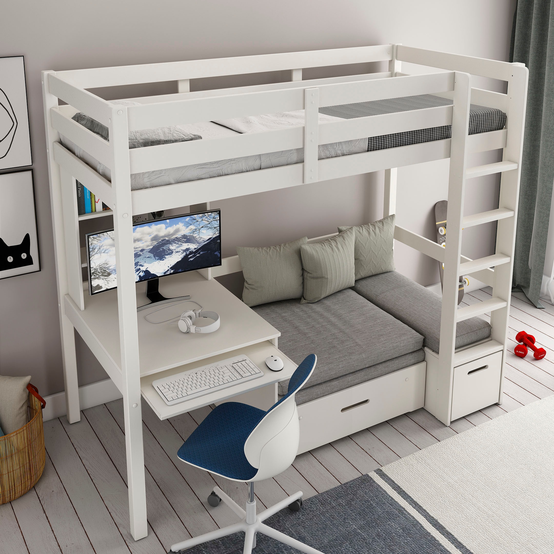 Lüttenhütt Etagenbett »Stockbett, Doppelstockbett "HENNE " zertifiziertes Massivholz«, mit Schreibtisch, Regale, ausziehbarem Sessel,OHNE MATRATZEN/AUFLAGEN!