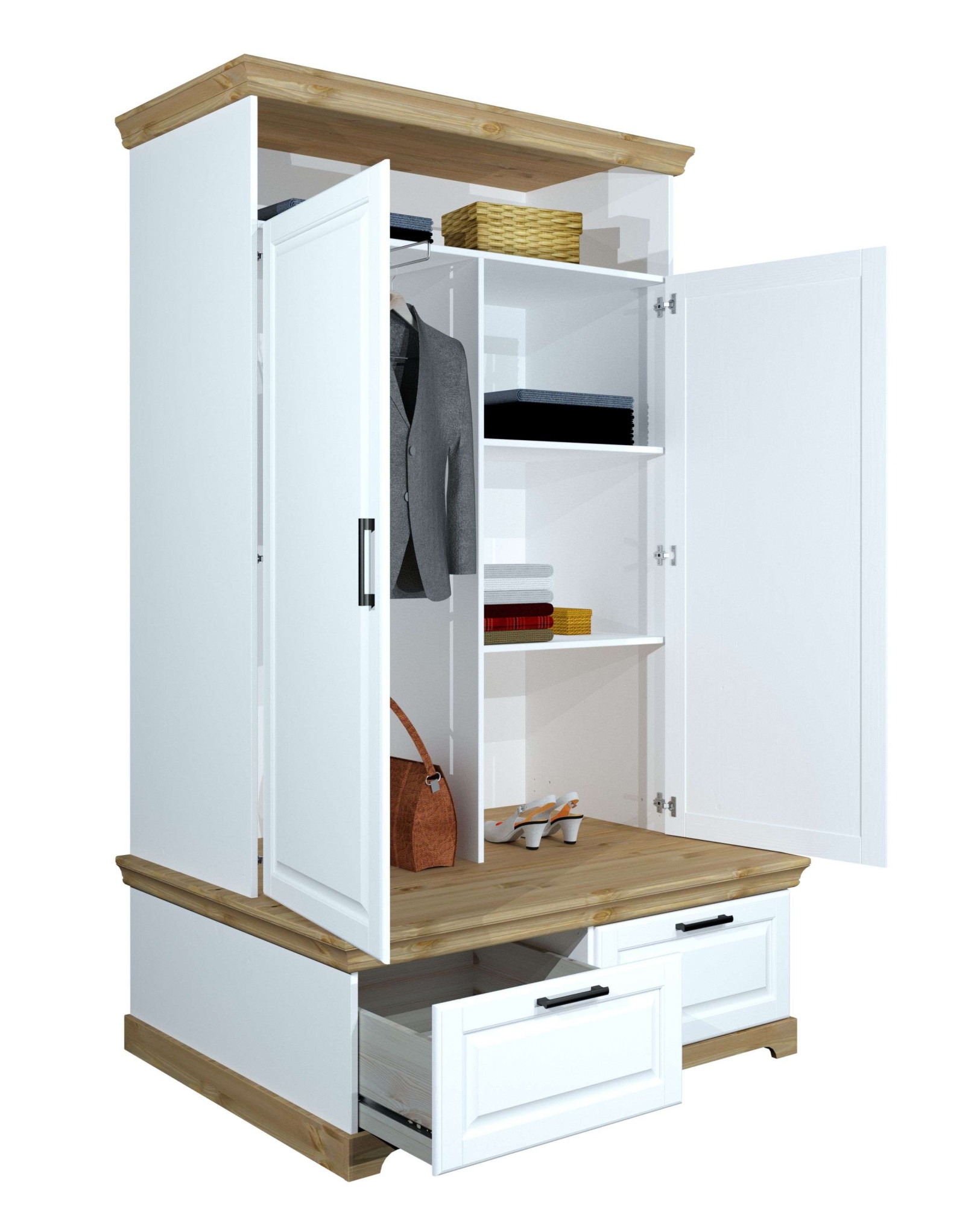GOODproduct Kleiderschrank »Rügen Garderobenschrank, Drehtürenschrank, Schrank« FSC® zertifizierte massive Kiefer, Breite 127 cm, integrierte Bank