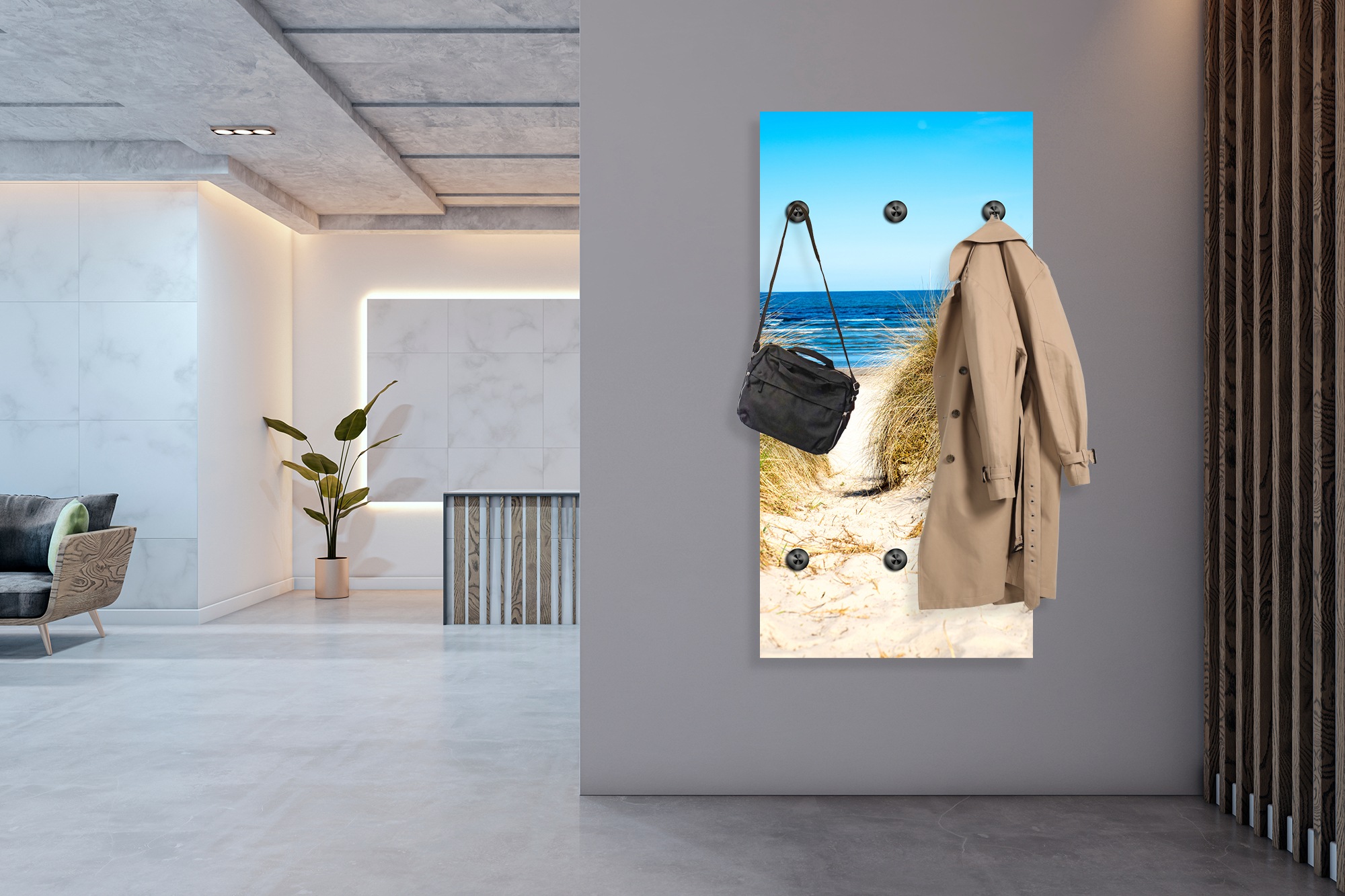 queence Porte-manteau mural »Strand auf Rügen« 1 cuis tlg. panneau mural en acrylique avec 6 crochets en acier inoxydable noir mat