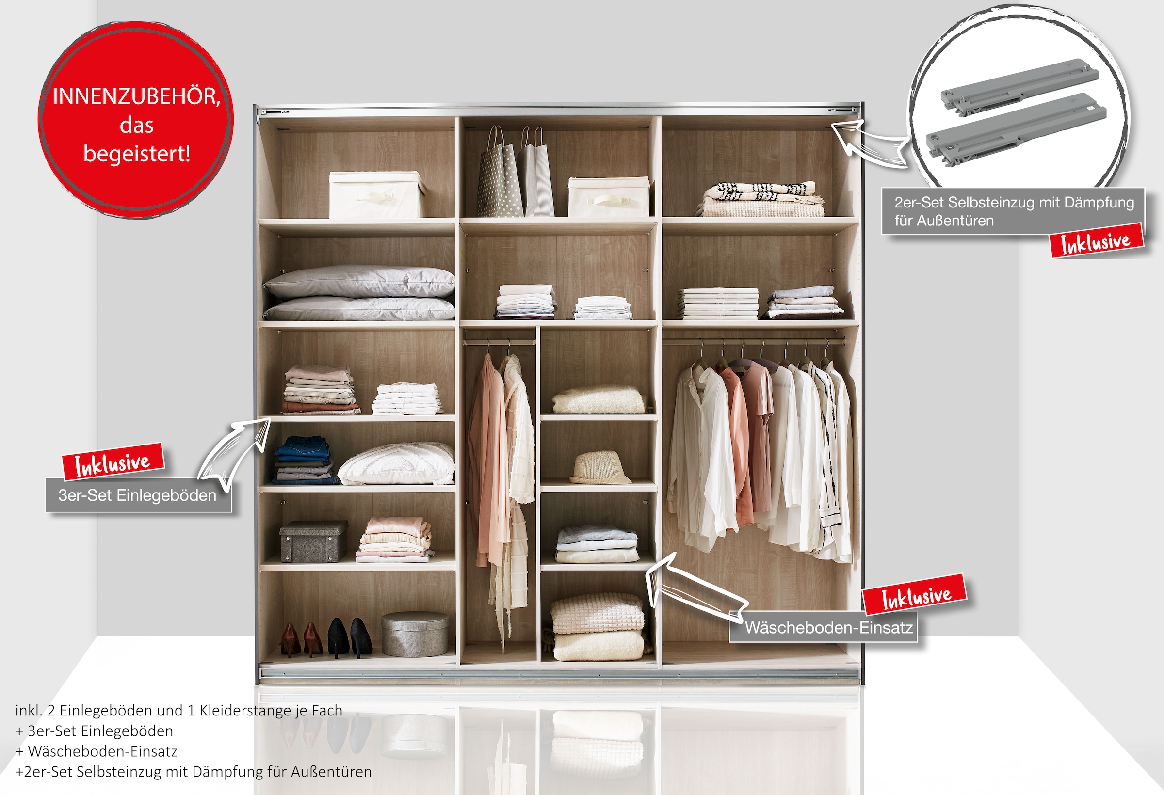 WIEMANN Schwebetürenschrank »Phoenix, Made in Germany, modernes Design, Highlight, Blickfang« Viele Farbkombinationen, in 4 Breiten und in 2 Höhen erhältlich,  maximaler Staurraum, inkl.Einlegeböden, Wäscheböden u. Dämpfer