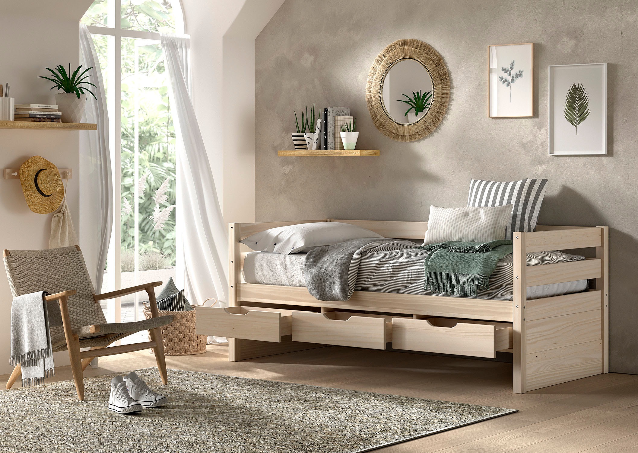 Vipack Funktionsbett »Margrit, mit 3 Schubladen, zeitloses Design universell einsetzbar« Liegefläche 90 x 200 cm, inkl. Rolllattenrost und seitlichem Umbau,  stabiles Massivholzbett, wahlweise in 2 Farben erhältlich