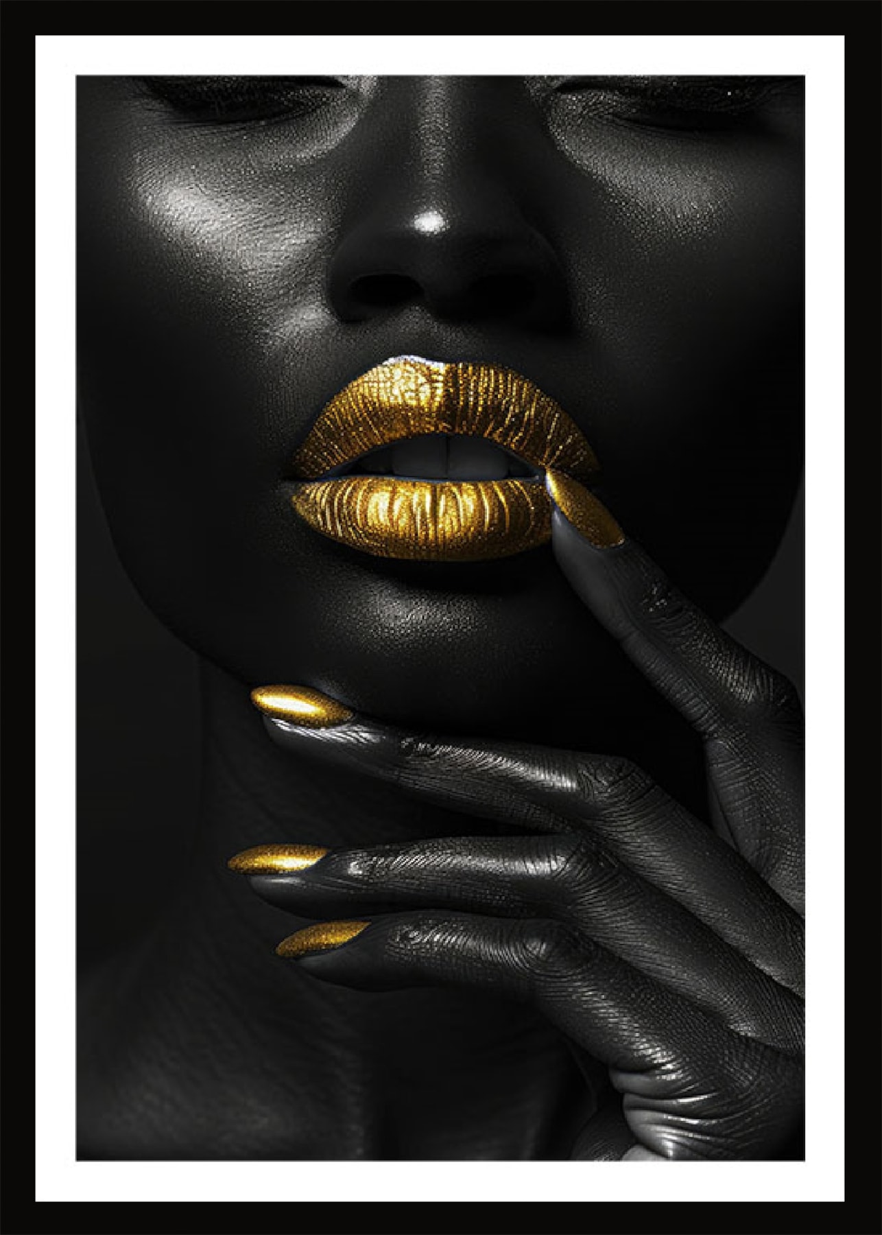 Image of Bönninghoff Bild mit Rahmen "Wandbild gerahmt FRAU SCHWARZ WEISS GOLD 50x70 cm – Modernes Glamour" Fashion Frau Gesicht Kunst Modern Porträts 1 Stk. tlg. mit dekorativem Rahmen