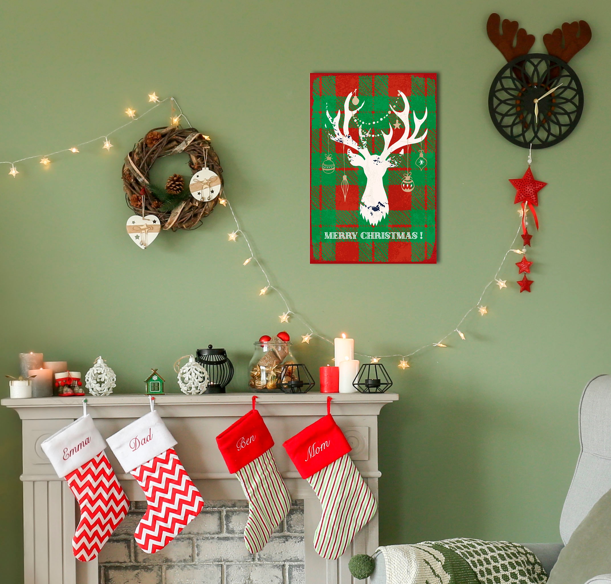 Image of queence Metallbild "Merry Christmas Reindeer" Schriftzug Schriftzüge Tiere Weihnachten Weihnachtsbaumkugeln 1 Stk. tlg. Stahlschilder