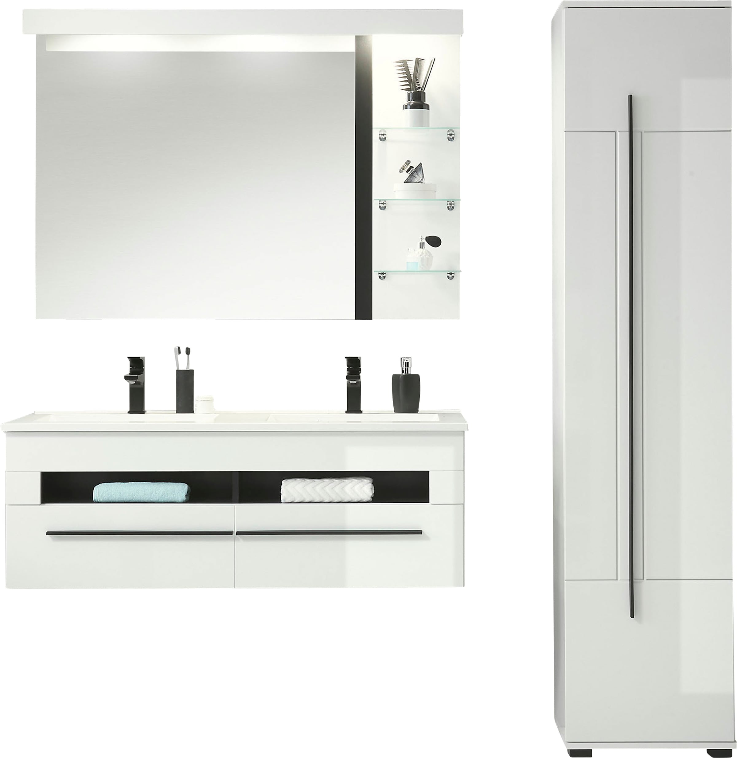 INOSIGN Badmöbel-Set »Cantara, Bad im modernen Design, 3-teiliges Badezimmer«, (Set, 3 St.), Waschtisch, Schrank und Spiegel, in Weiss Hochglanz, viel Stauraum