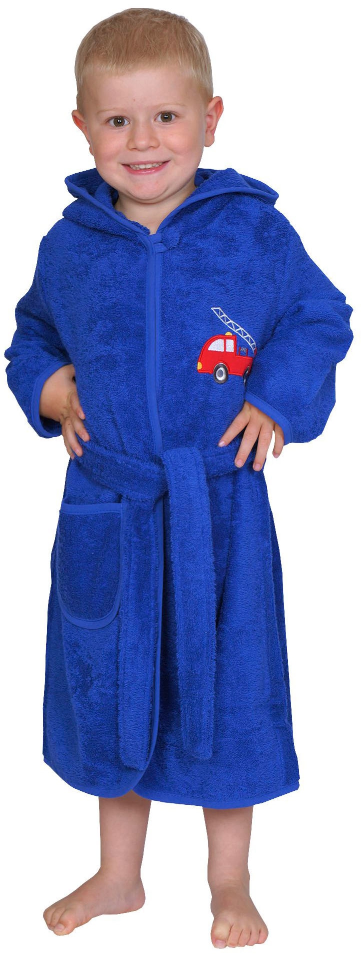 Image of Wörner Kinderbademantel "Feuerwehr royalblau" mit Stickerei, mit Tasche, maschinenwaschbar