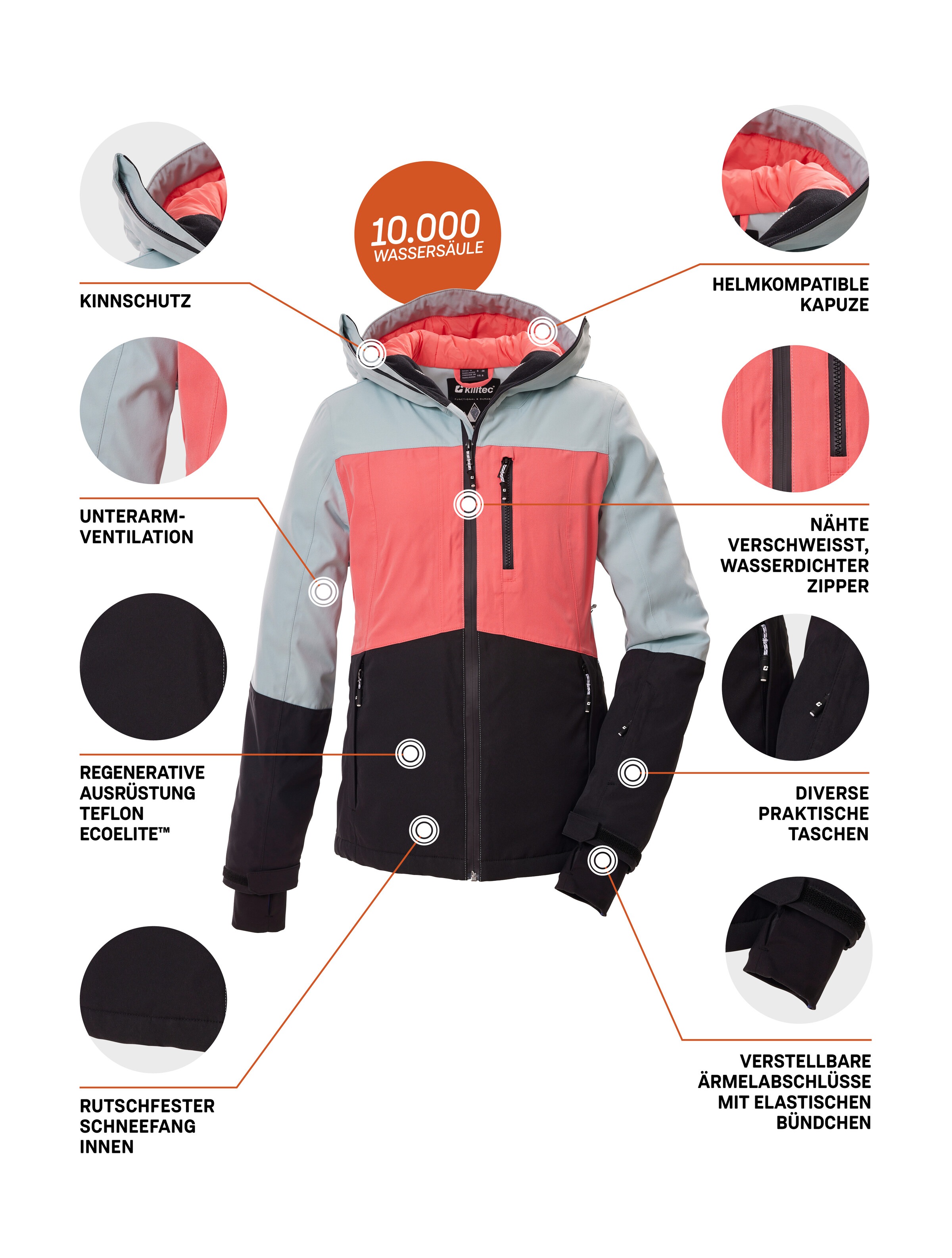 Killtec Veste de ski »KSW 277 WMN SKI JCKT« Veste femme imperméable avec pare-neige, réglable et respirante