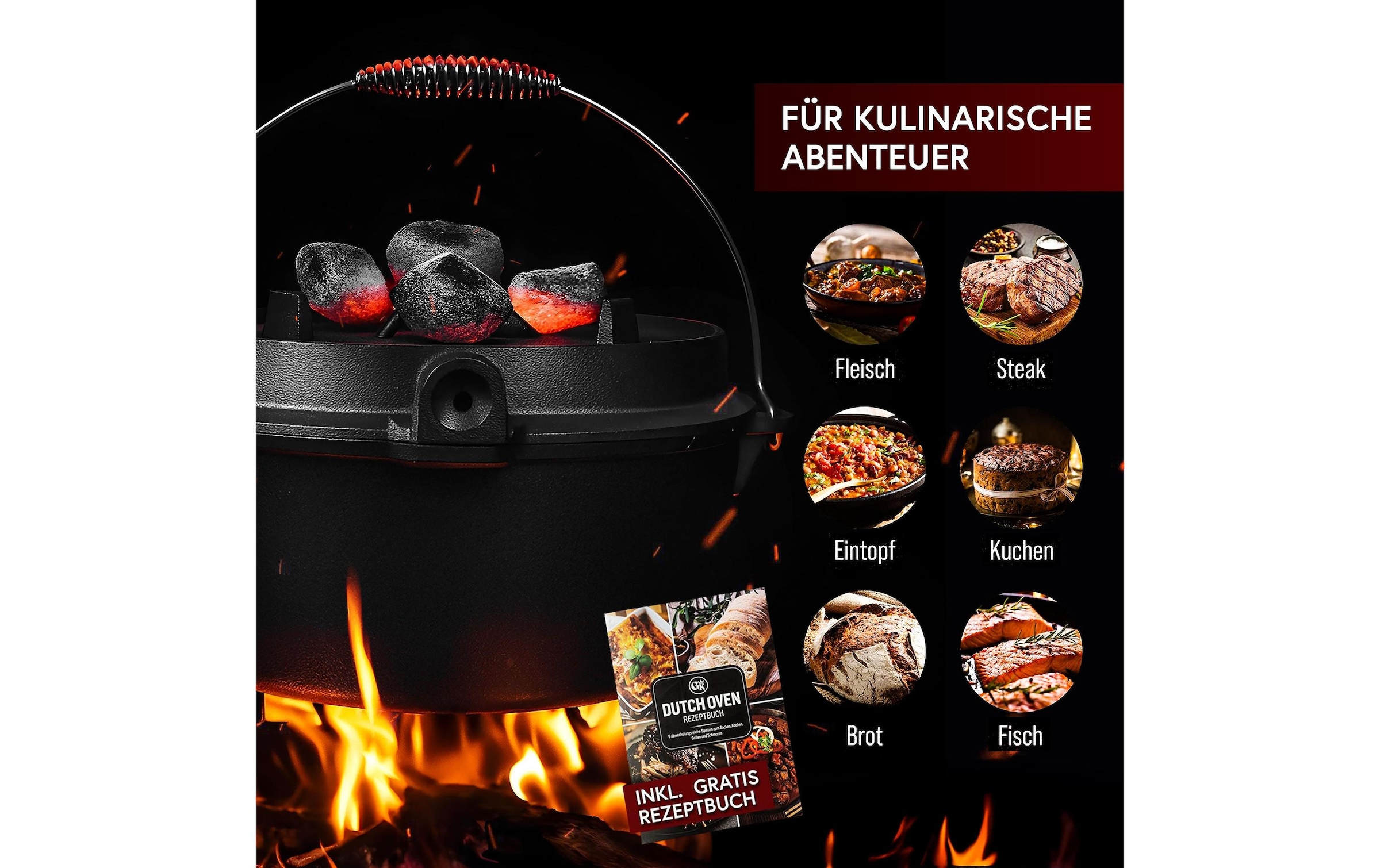  Marmite à barbecue »Gusskoenig Dutch Oven Set 4,5 l mit Heber, Bürste, Untersetzer«