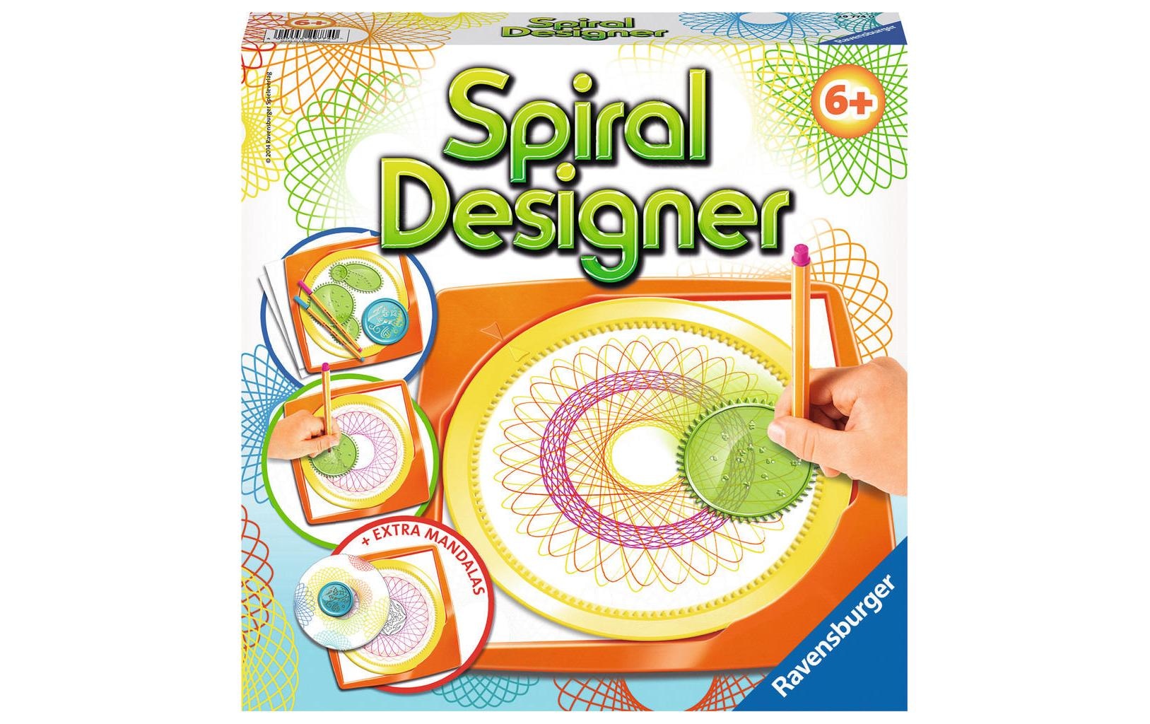 Image of Ravensburger Malvorlage »Spiral-Designer«, 1 Malrahmen, 1 Zahnkranz, 4 Zahnräder, 1 Rahmen für Mandala-Schablone, 1 Mandala-Schablone, 10 Bogen Papier, 2 Filzstifte bei Ackermann Versand Schweiz