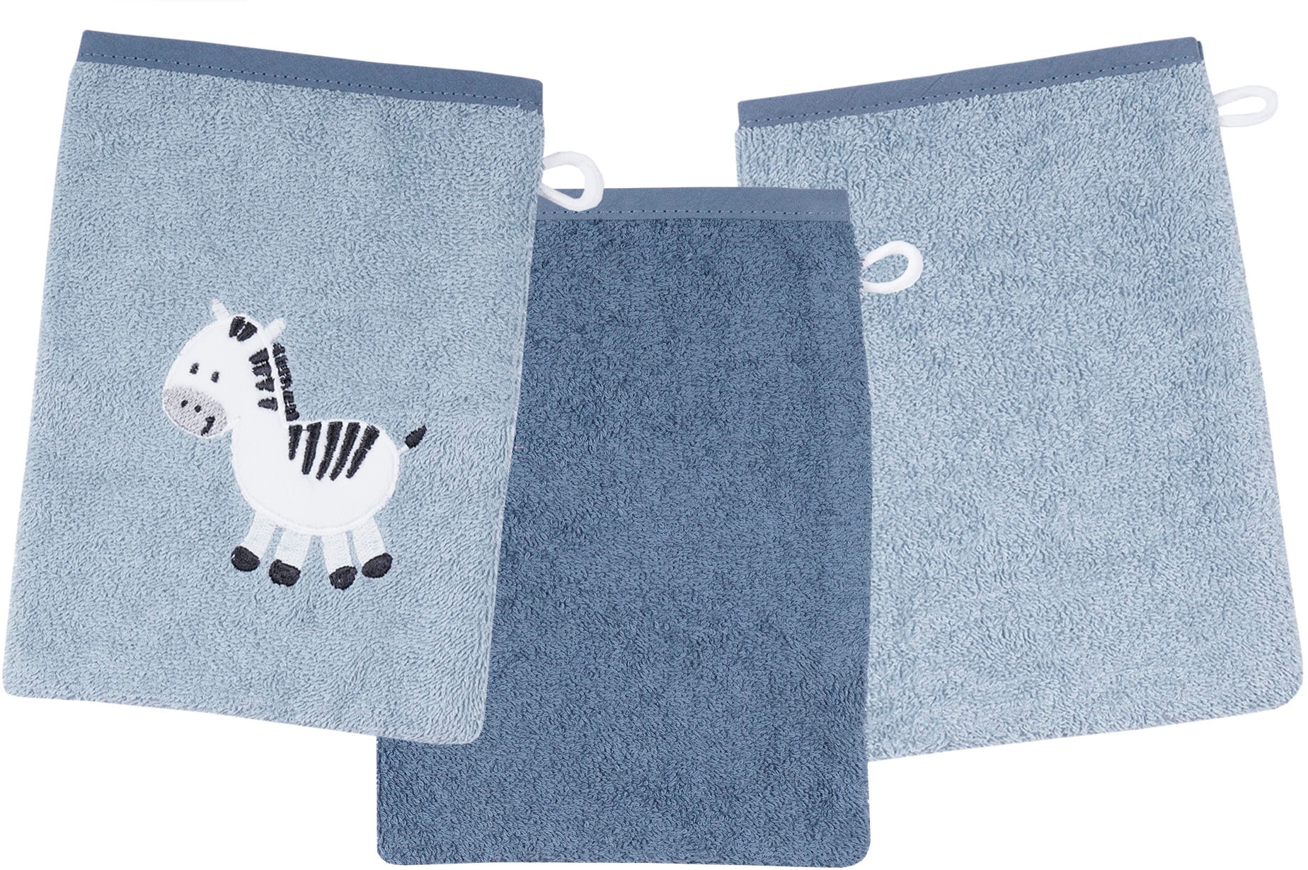 Wörner Waschhandschuh »Zebra blau Waschhandschuh 3er Set«, (3 St.), 1x mit süsser Zebrastickerei, 2x unifarben