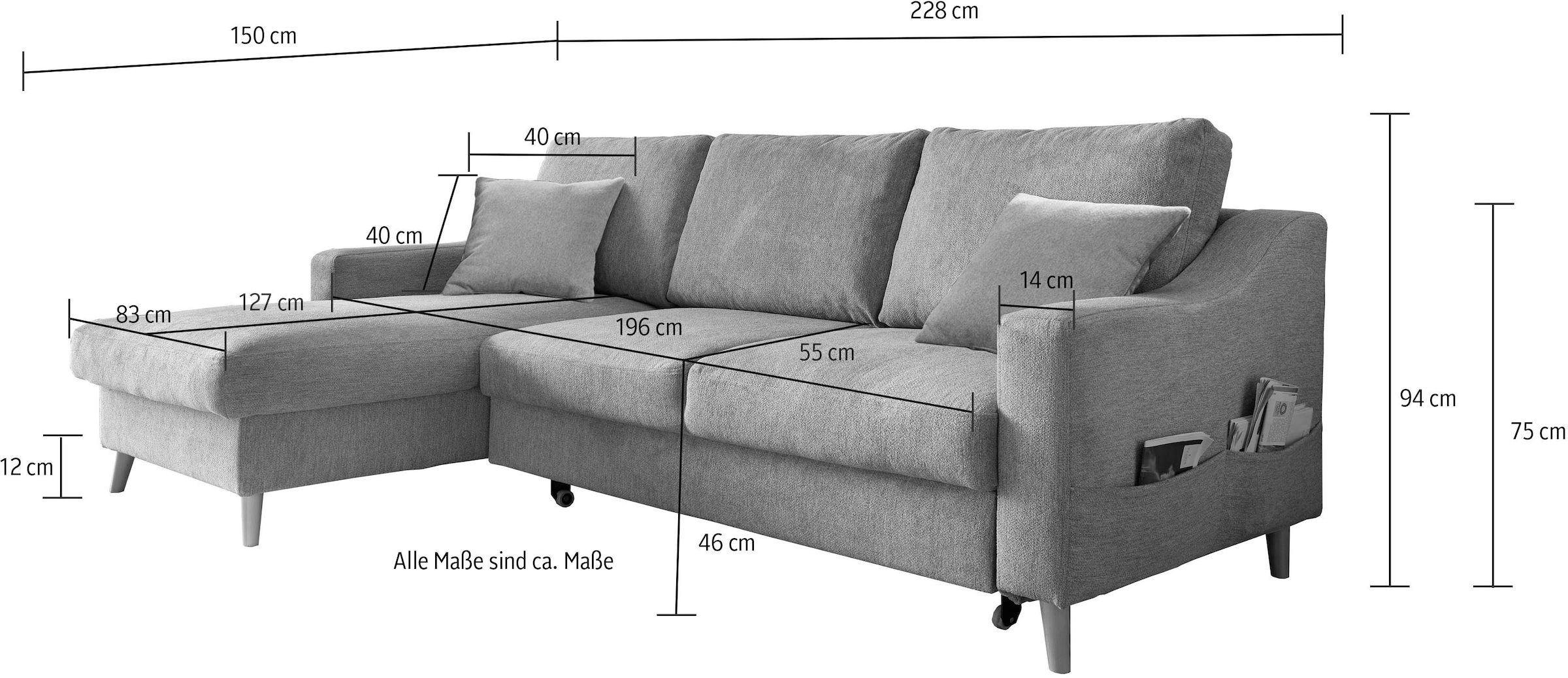 INOSIGN Ecksofa »Valentina L-Form«, 2 Zierkissen, mit Seitentasche, ausziehbarer Liegefläche, Bettkasten