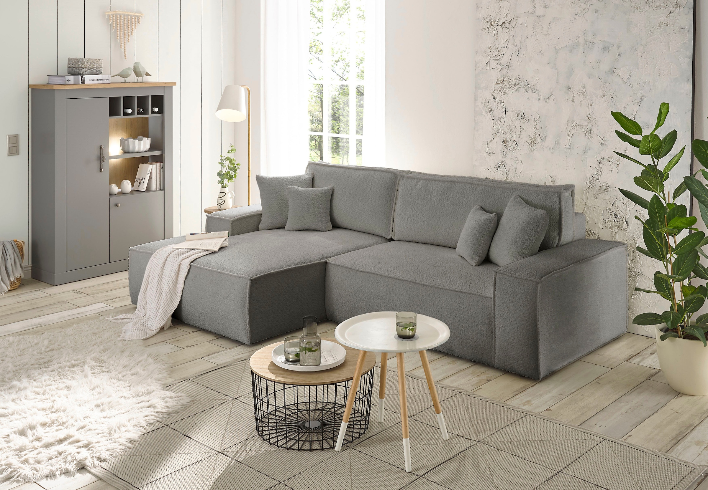 andas Ecksofa »Finnley Schlafsofa 267 cm in Bouclé, Struktur fein u. Cord, L-Form,«, Schlaffunktion m. Bettkasten (136/210 cm), Bouclé, Struktur und Cord