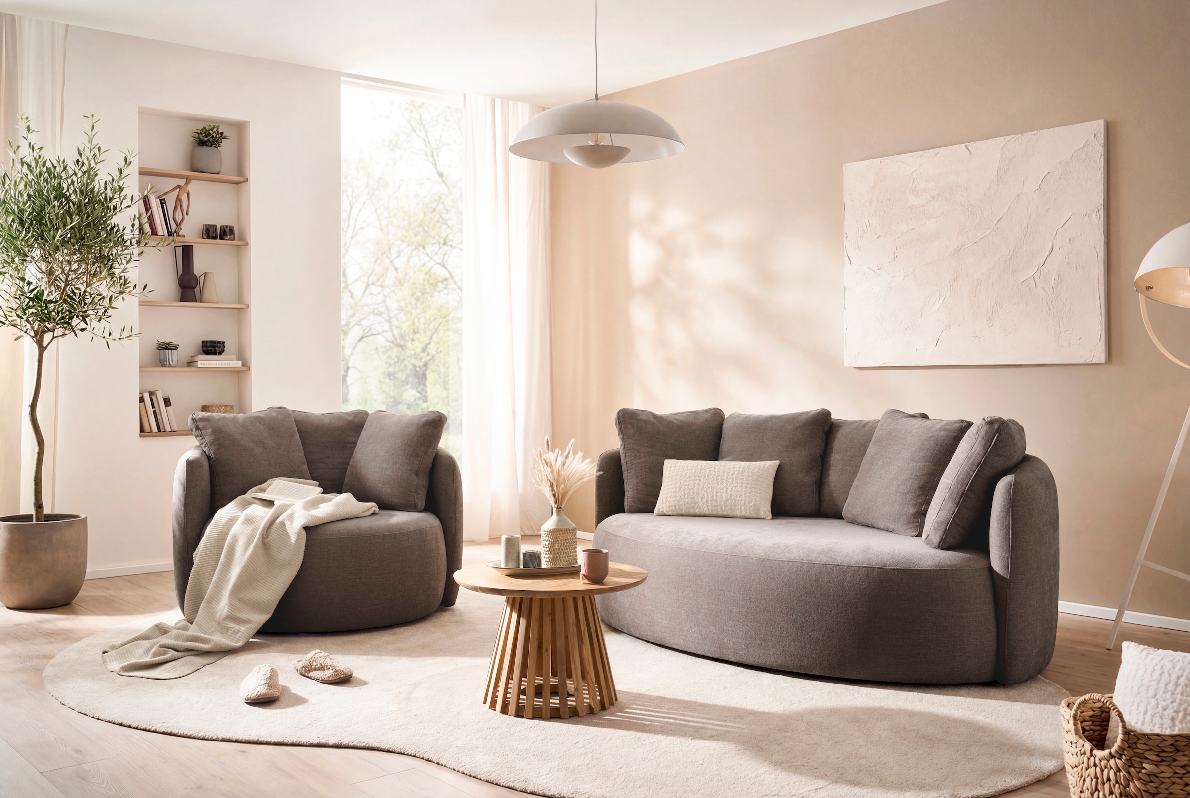 GOODproduct 2,5-places »Kaarl, rundes Loungesofa, Sofa mit Kissen, perfekt gepolstert« Webstoff, in fünf Farben, zeitloses Design, inkl. 5 Rückenkissen