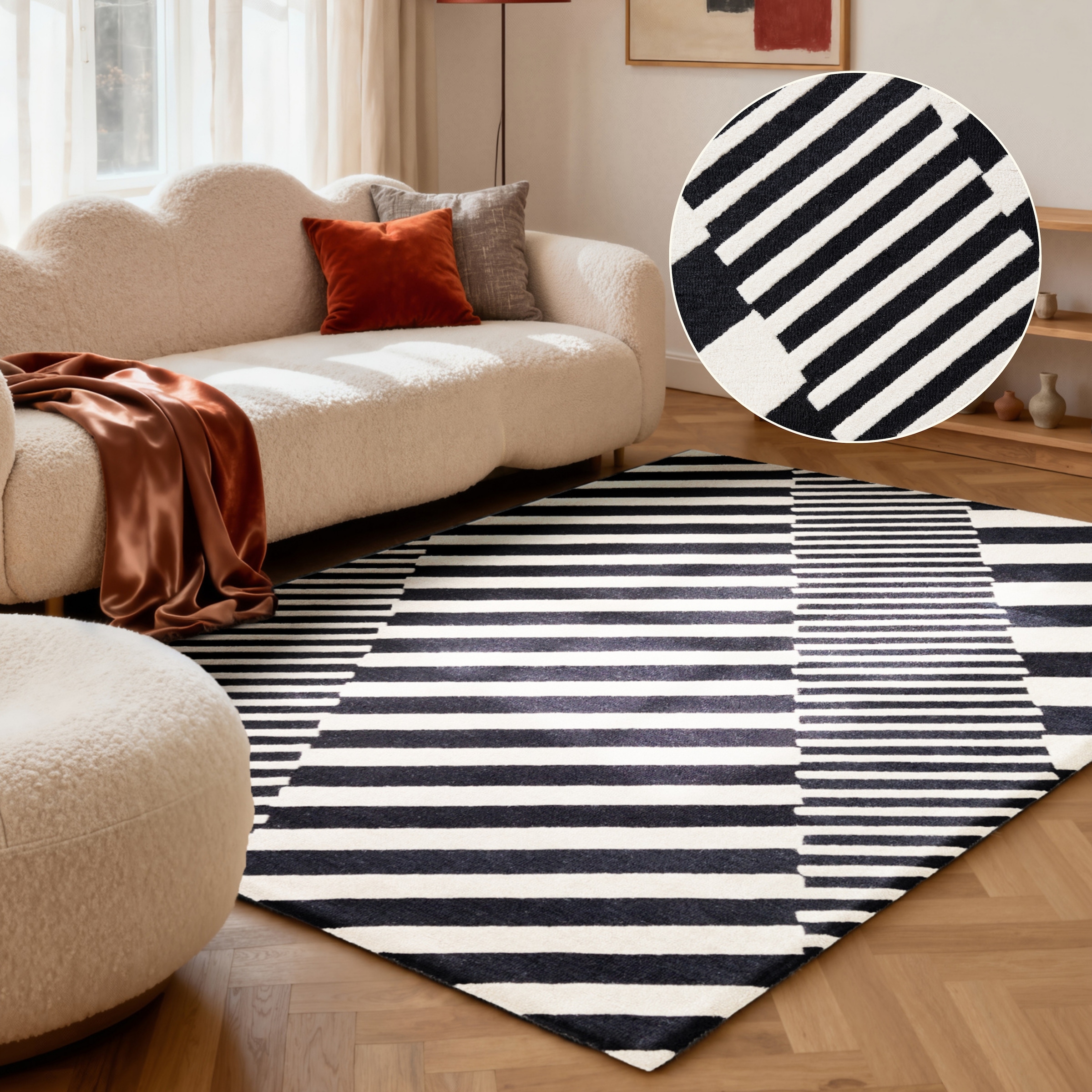 Image of ELLE DECORATION Wollteppich "Flux" rechteckig 12 mm Höhe Wolle, Natur, Wohnzimmer, schwarz weiss, Geometrisch, Streifen