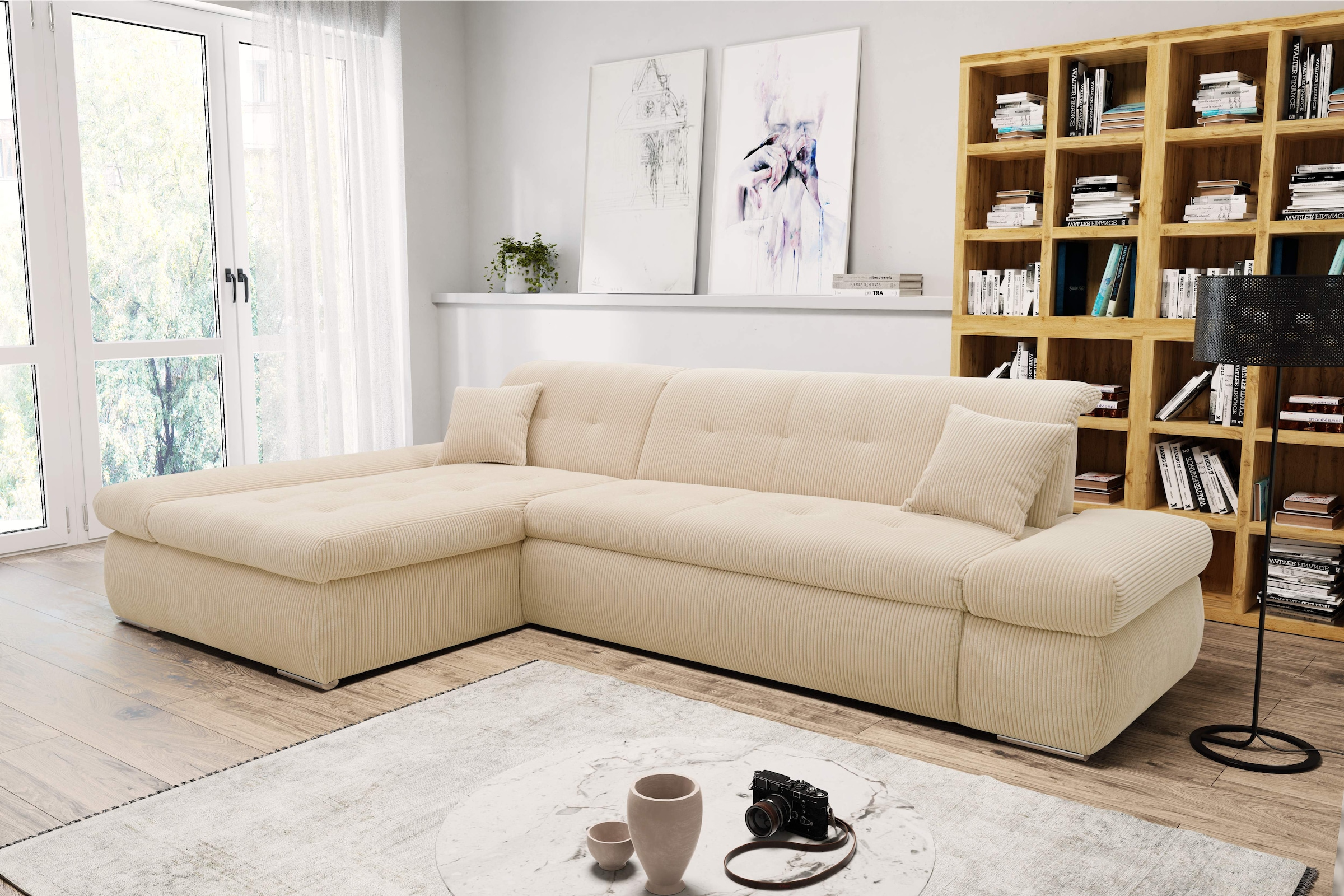 Image of DOMO collection Ecksofa "MORIC 300x172 cm, XXL-Sofa mit viel Platz, L-Form, auch in Cord" wahlweise mit Bettfunktion und Armteilverstellung, Cord, Creme
