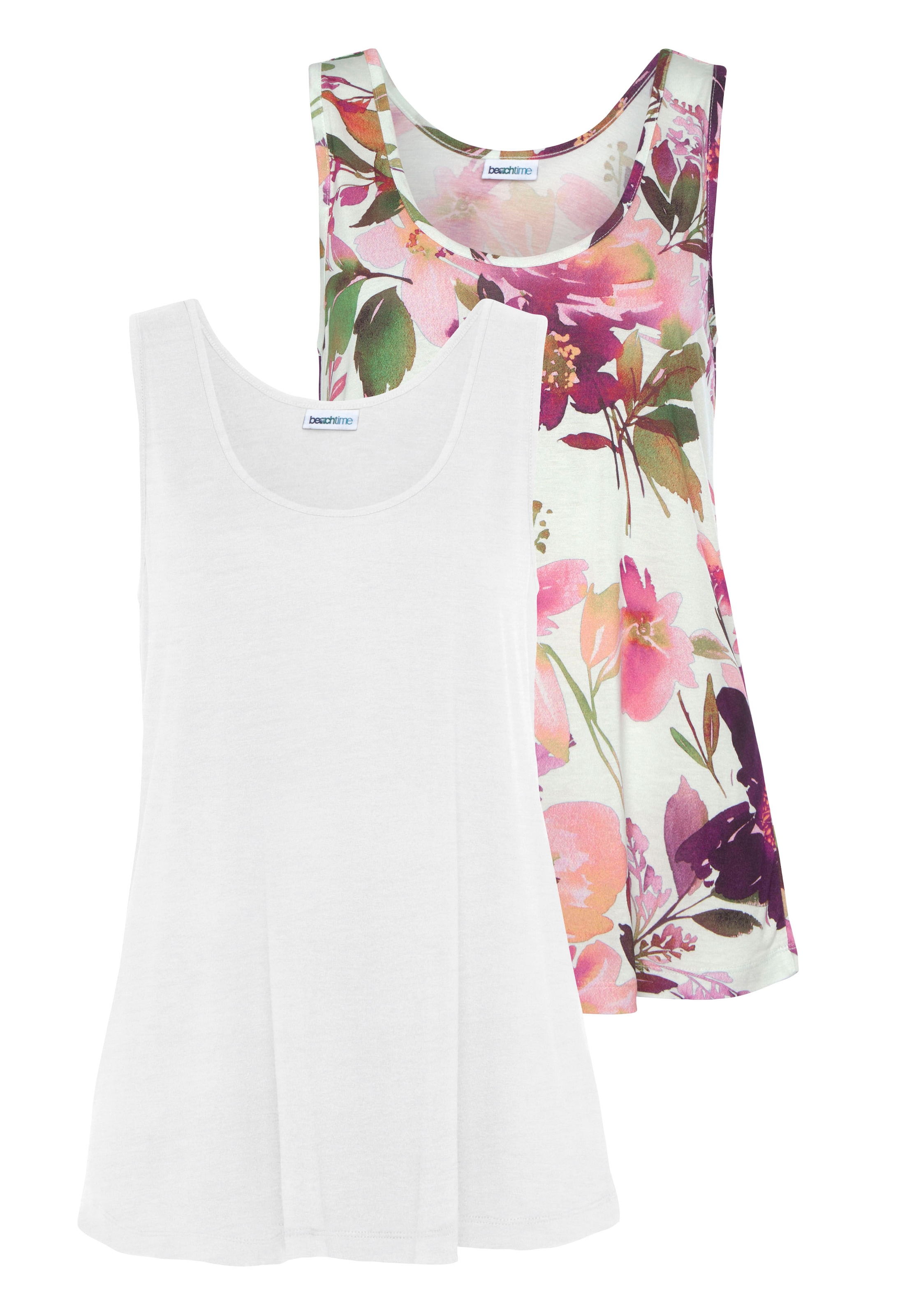 Image of Beachtime by Lascana Tanktop "im 2er-Pack aus Viskosejersey, Uni + Blumendruck" 2er-Pack, Sommertop mit Druck, lockere Passform, lässige Jerseytops, Basic