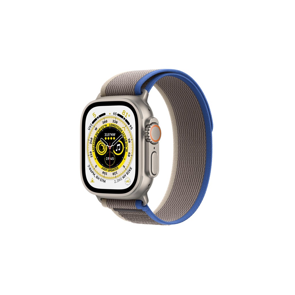 Apple Watch Ultra GPS + Cellular, 49 mm Titangehäuse, Trail Loop Blau/Grau - M/L