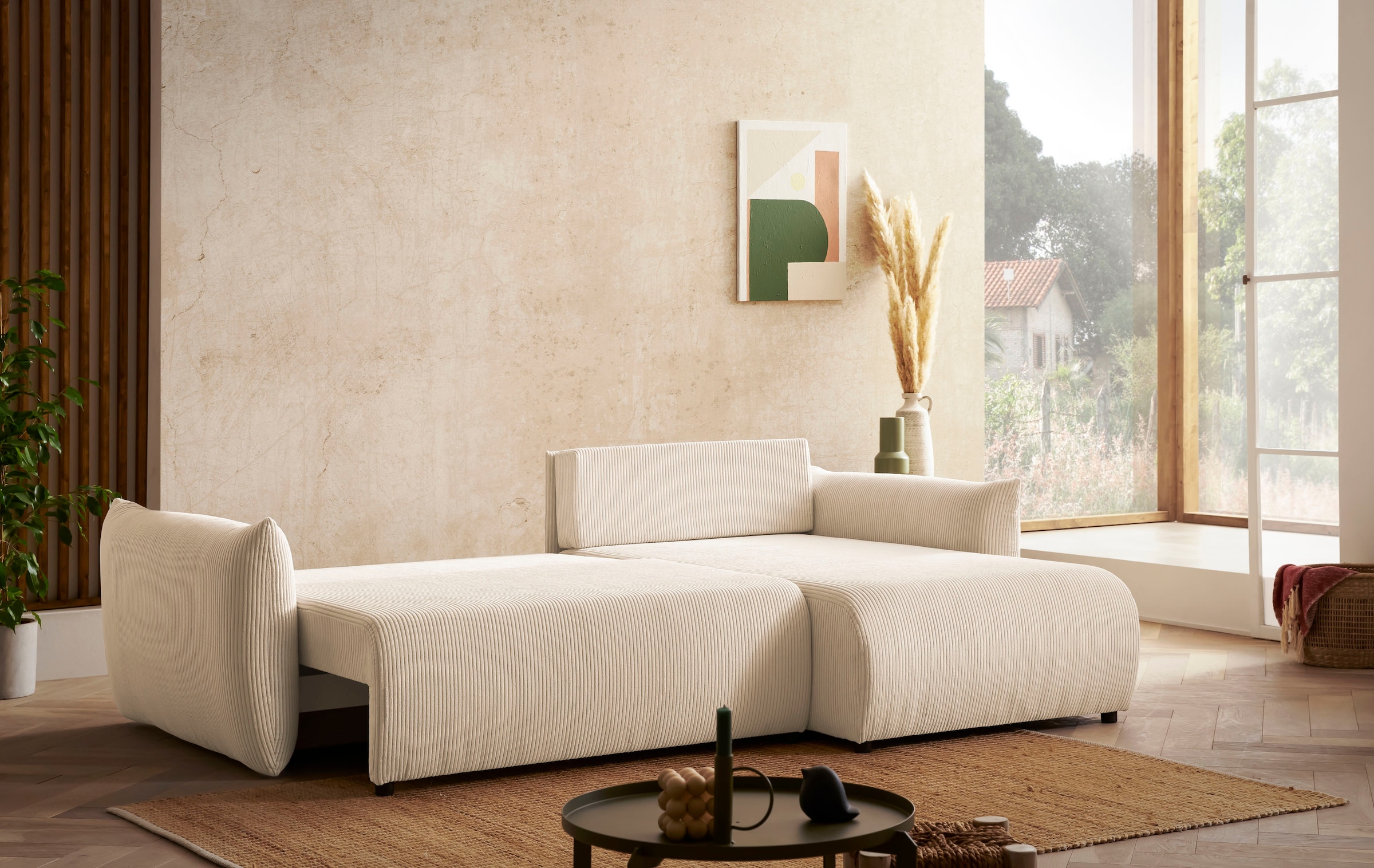 INOSIGN Ecksofa »MAVAS Schlafsofa mit Bettkasten, L-Form,«, ca.257/127cm (Liegefläche 212/145 cm), Cord, Chenille, Struktur