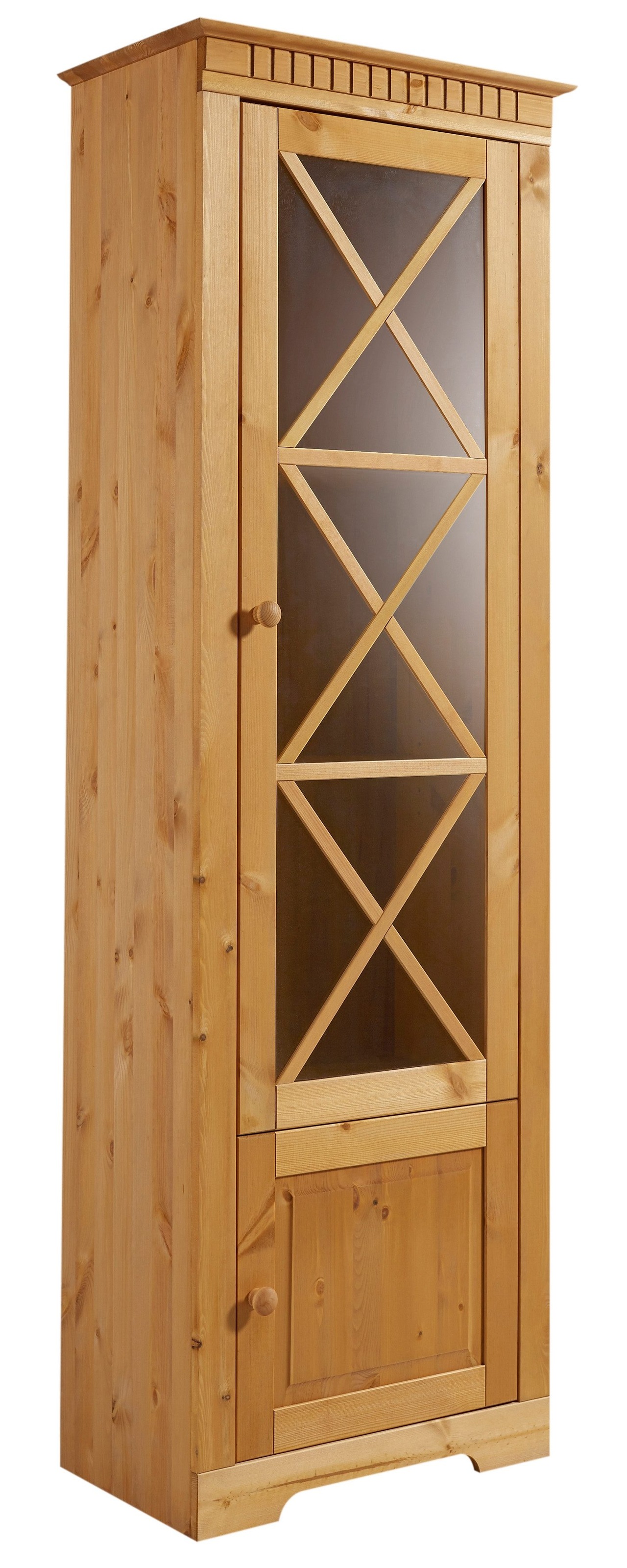 Image of GOODproduct Vitrine "Lisa Vitrinenschrank, 2 Türen, eine davon mit Glaseinsatz, Knopfgriffe" aus massivem Kiefernholz, mit einer Glastürfront, dekorative Fräsungen