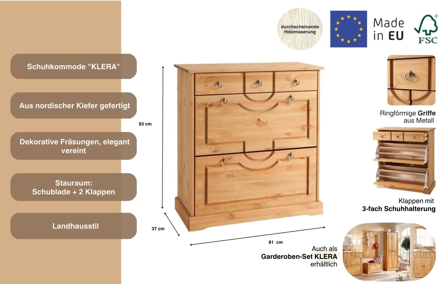Home affaire Commode à chaussures »Klera« Breite 81 cm, aus massiver Kiefer, FSC®-zertifiziert