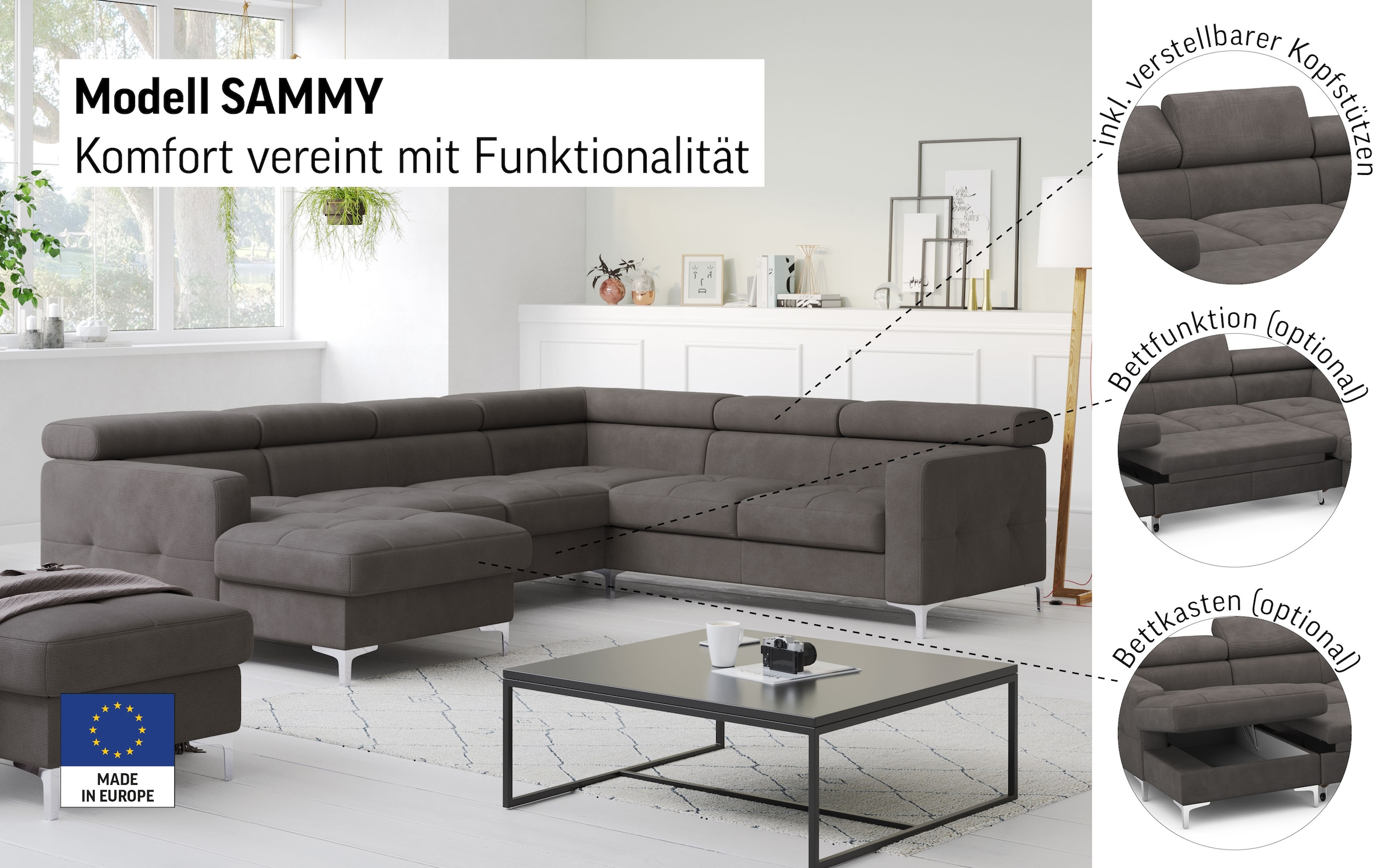 COTTA Wohnlandschaft »Sammy U-Form« mit Kopfteilverstellung, wahlweise mit Bettfunktion & Bettkasten