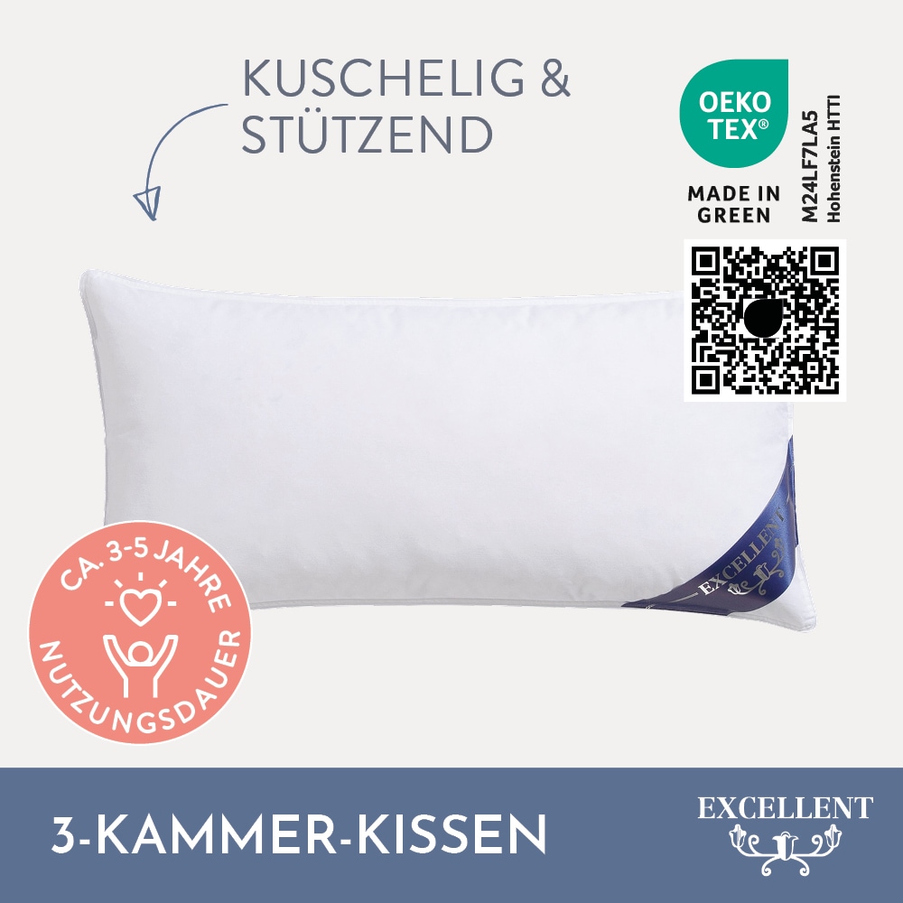 Excellent 3-Kammer-Kopfkissen »Florenz«, Füllung: 60% Daunen, 40% Federn (Aussenkammern), Bezug: 100% Baumwolle, (1 St.), hergestellt in Deutschland, allergikerfreundlich