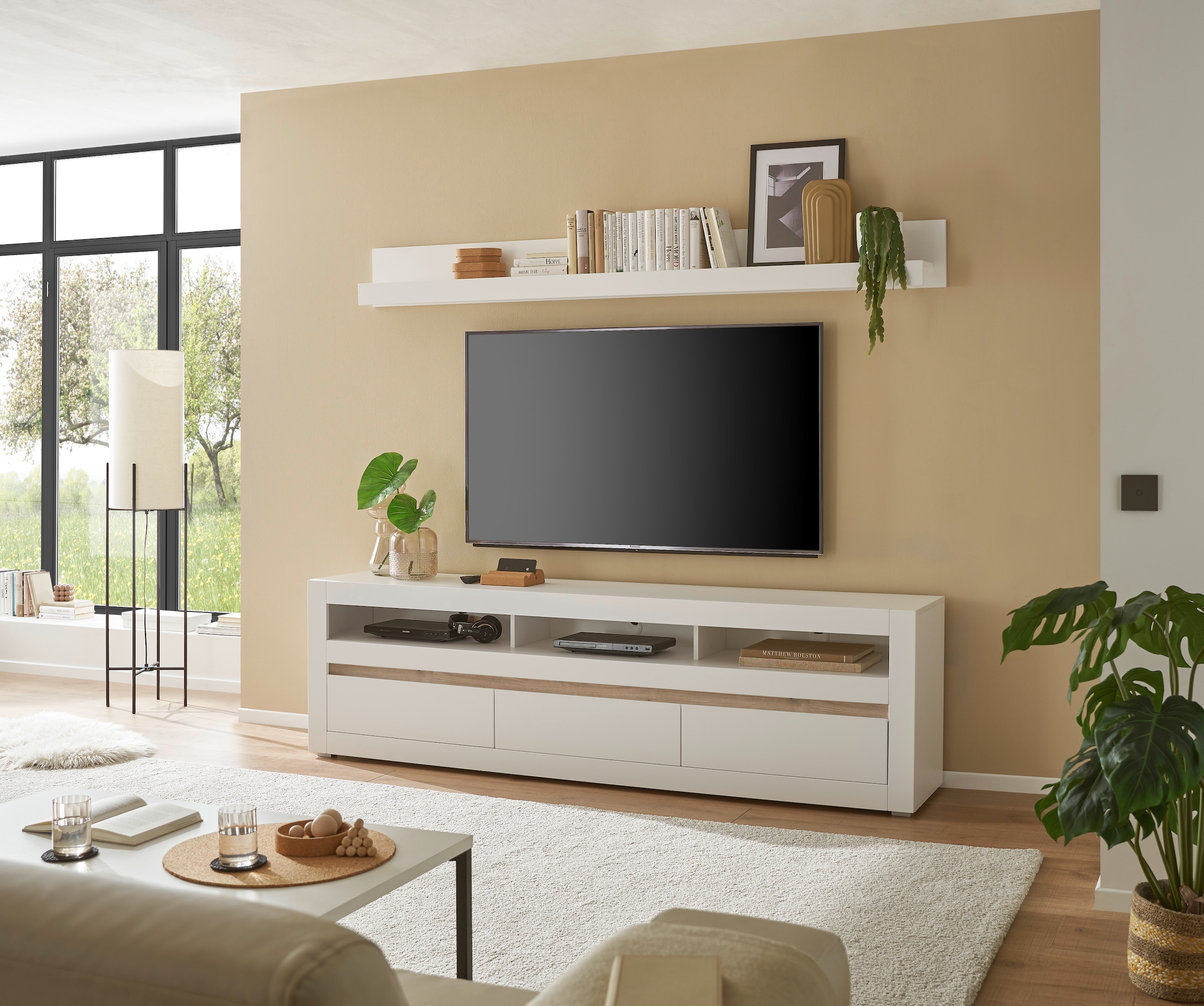 INOSIGN Wohnwand »Anbauwand in Weiss Matt, Wohnzimmer-Set mit austauschbarer Blende«, (Set, 2 St.), enhält Lowboard, Wandboard, zeitloses Design, 217 cm breit
