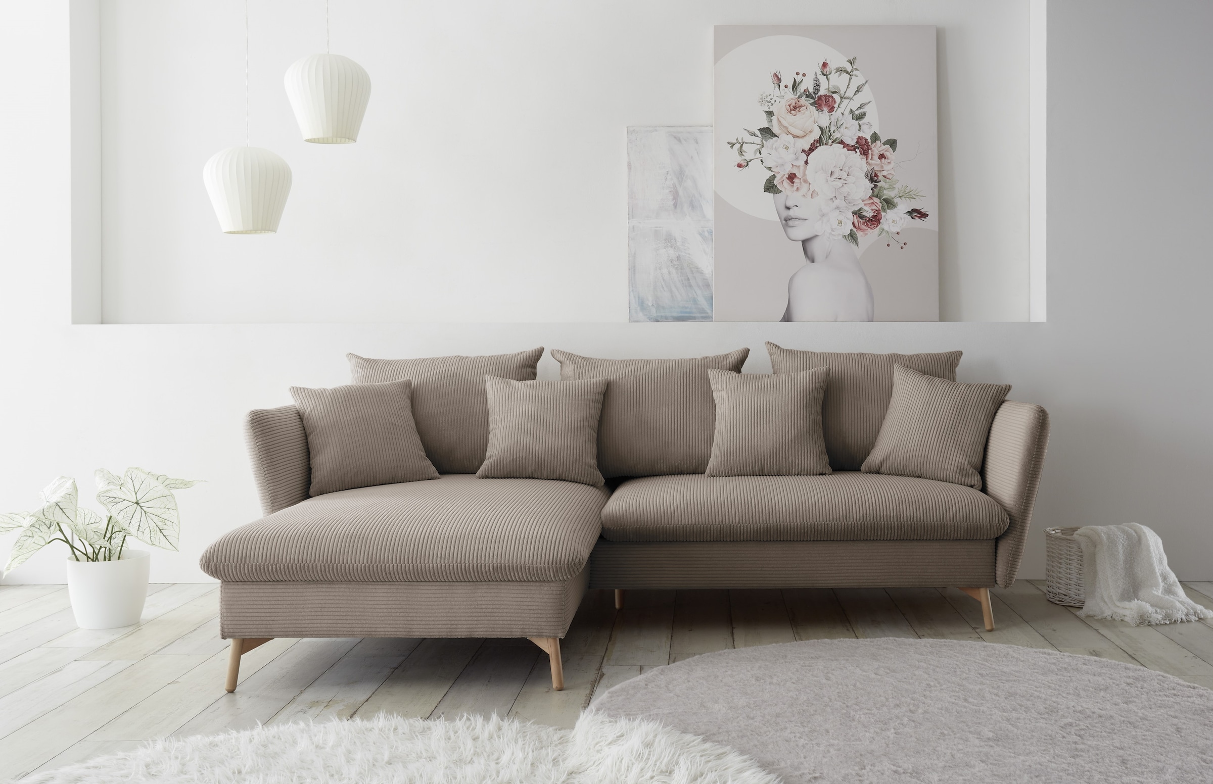 andas Ecksofa »MERLE, 258 cm, L-Form, traumhafter Cord,«, mit Bettfunktion und Bettkasten, Liegefläche 224 x 139