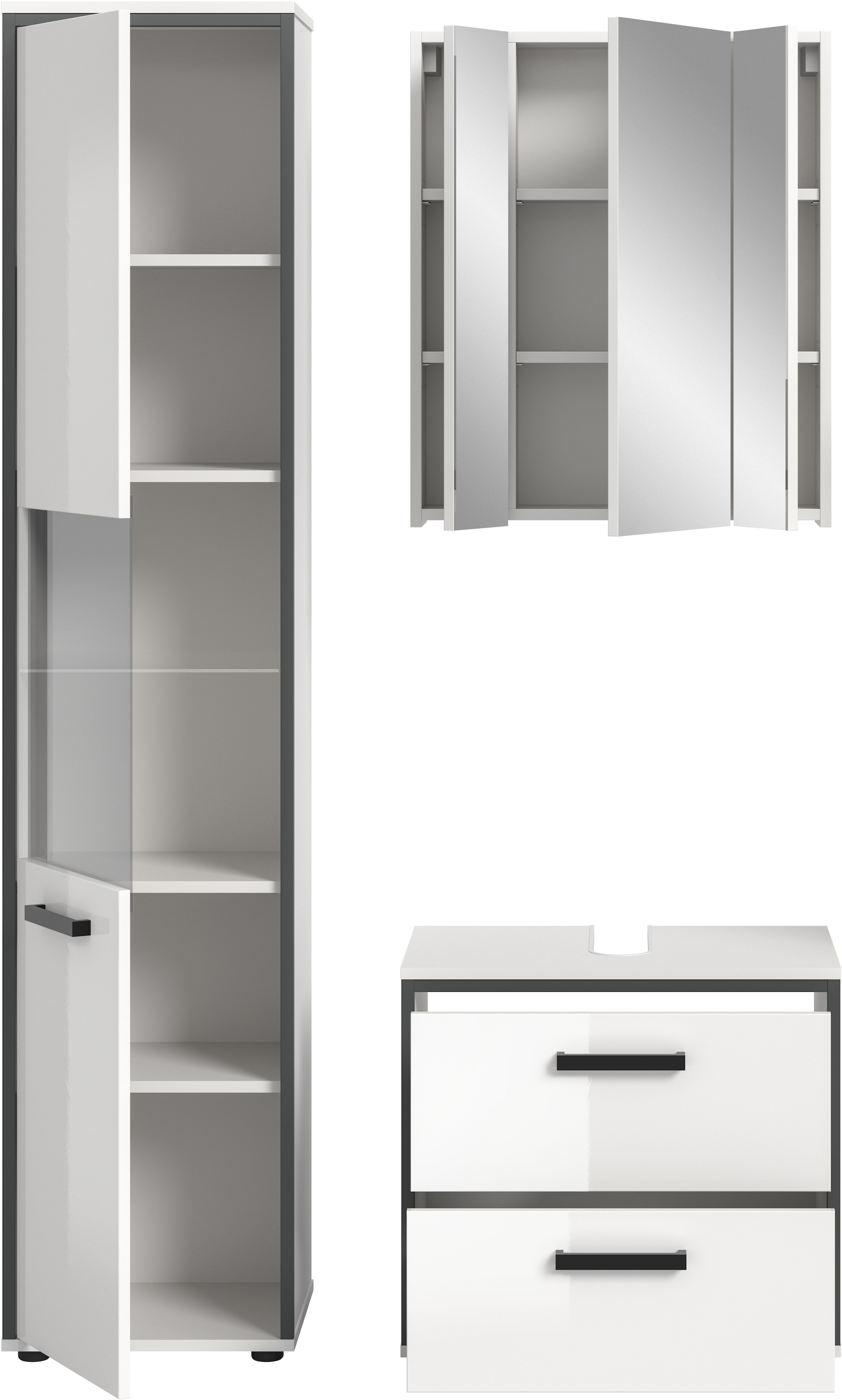 welltime Badmöbel-Set »KAJO, 3-tlg. Badkombination, weiss hochglanz« Set, Set, best. aus:1Hochschrank,1Spiegelschrank,1Waschbeckenunterschrank, 3 Stk. tlg.