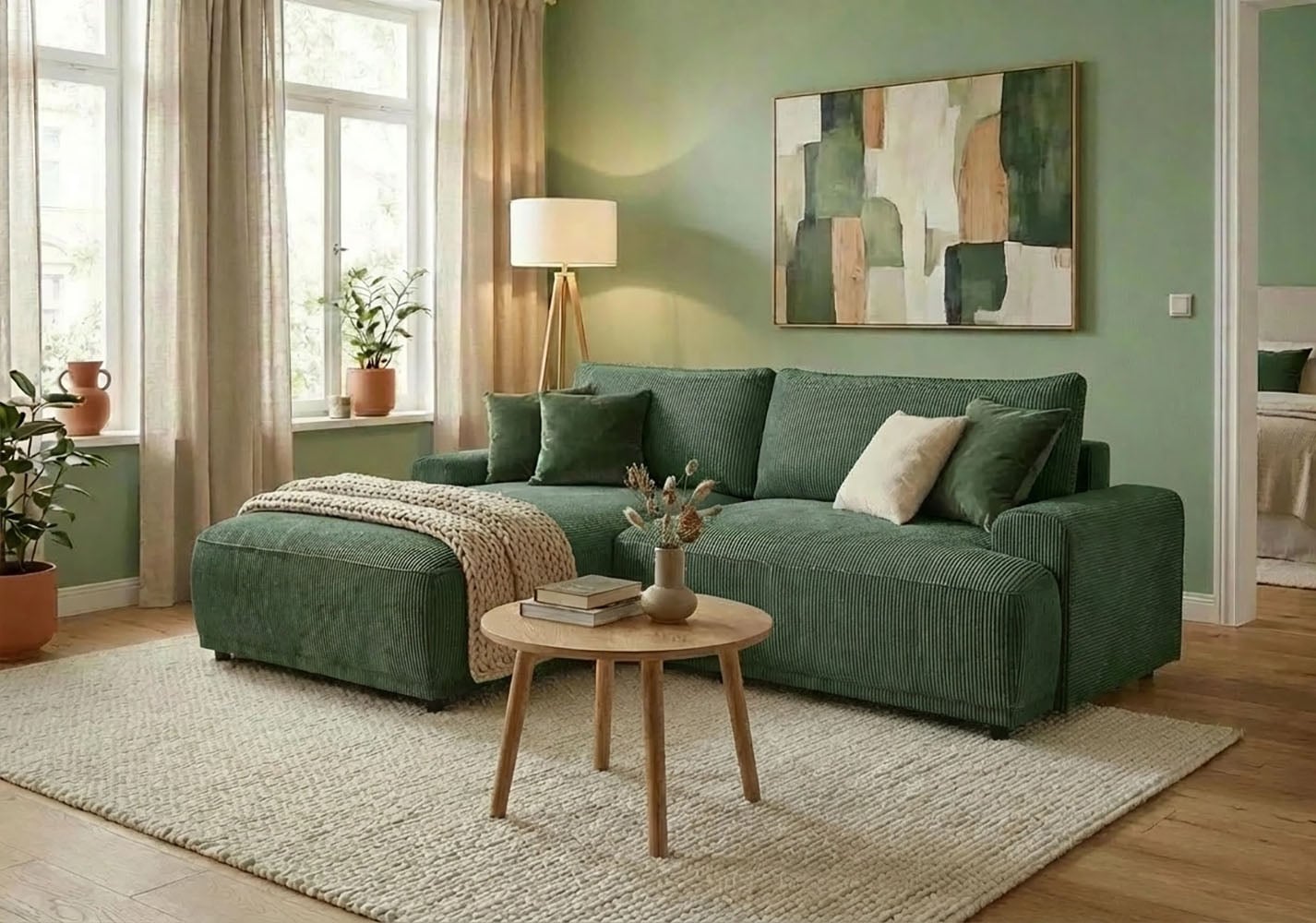 Image of TRENDMANUFAKTUR Ecksofa "Fordon, Schlafsofa mit Bettkasten, Couch in L-Form, Breite 250 cm" in Cordstoff HYPER, dunkelgrün, Recamiere links