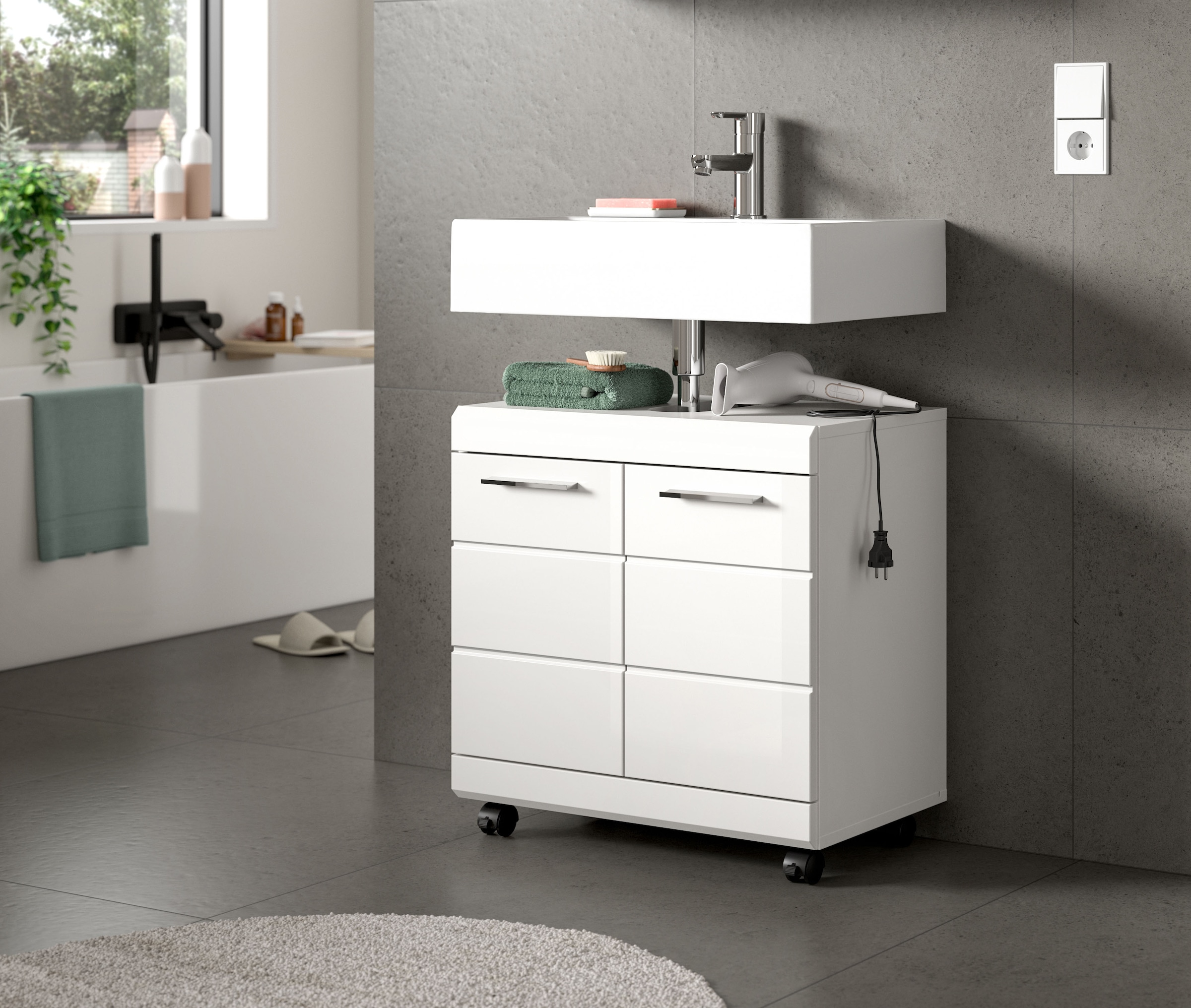 welltime Waschbeckenunterschrank »SIENA, Breite 60cm,  2 Türen, auf Rollen, MDF-Front« TOPSELLER! , mit Siphonausschnitt 10x25 cm,  in verschiedenen Farben erhältlich, Badmöbel, Badschrank, Kommode, Bad