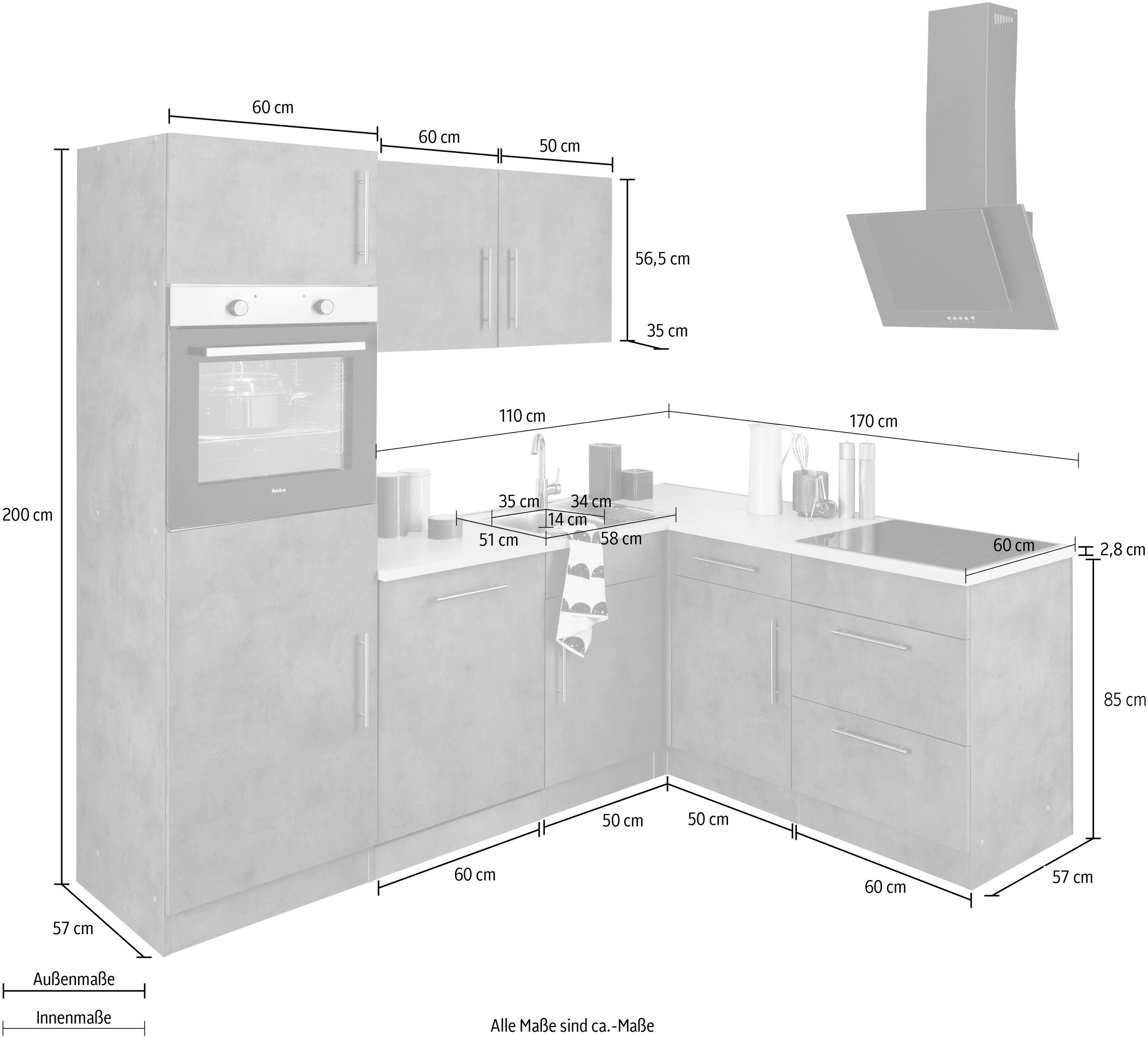 ♕ wiho Küchen Winkelküche mit E-Geräten, 230 Stellbreite versandkostenfrei auf 170 »Cali«, cm x