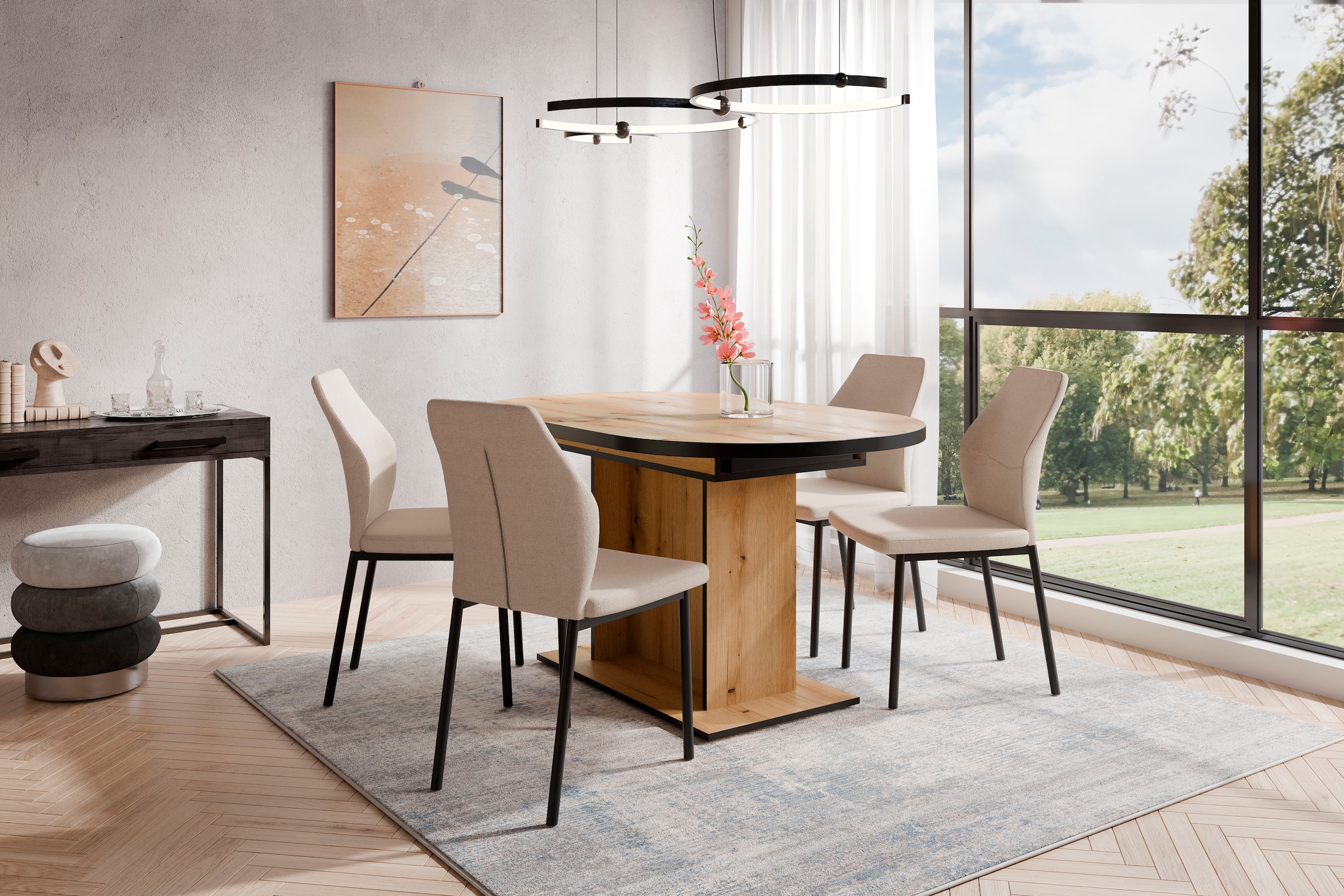 GOODproduct Ensemble de salle à manger »Basel, Tischgruppe mit 4 Stühlen, Esstisch ausziehbar 140 - 180 cm« Set, Otto's DAUERTIEFPREIS, 5 cuis tlg. BESTSELLER, Sitzgruppe, Tisch, Stühle, ovale Tischplatte, Säulentisch