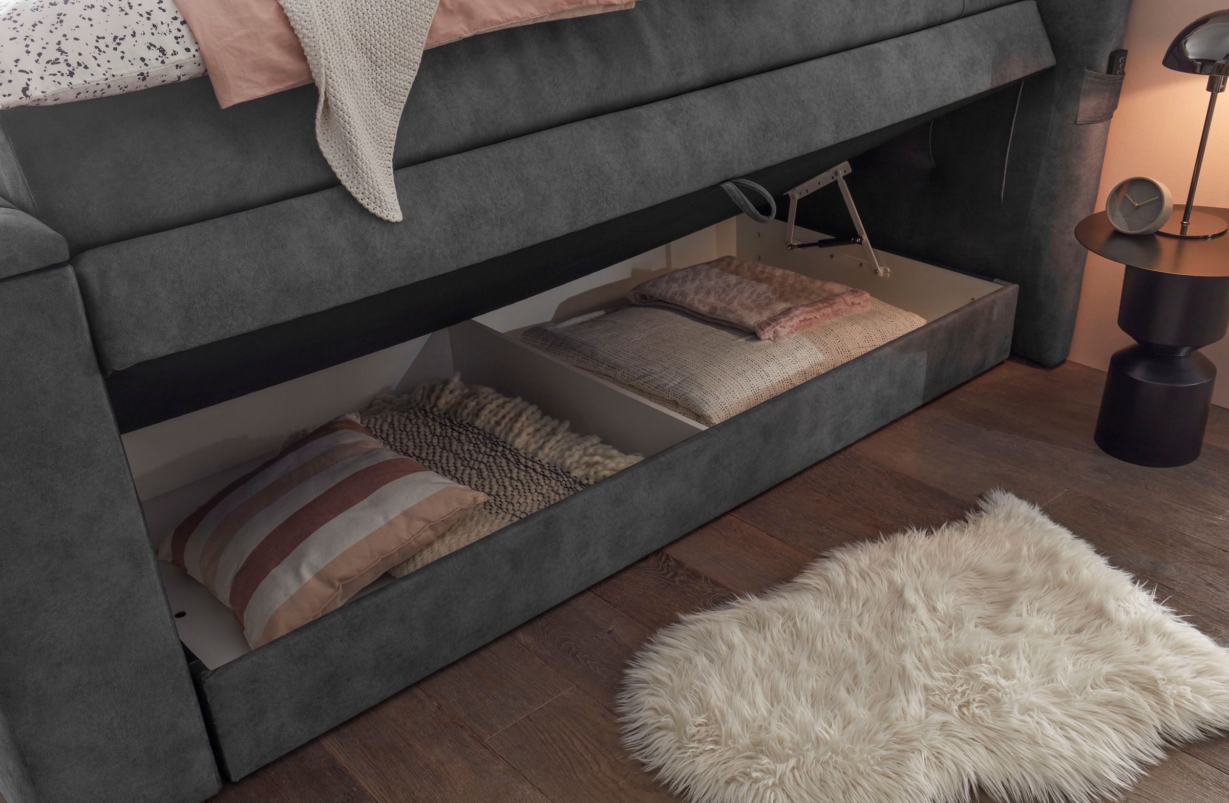 ED EXCITING DESIGN Lit boxspring »Springdale« mit Bettkasten, motorisierter TV-Halterung, Duo-Matratze (H3/H4)