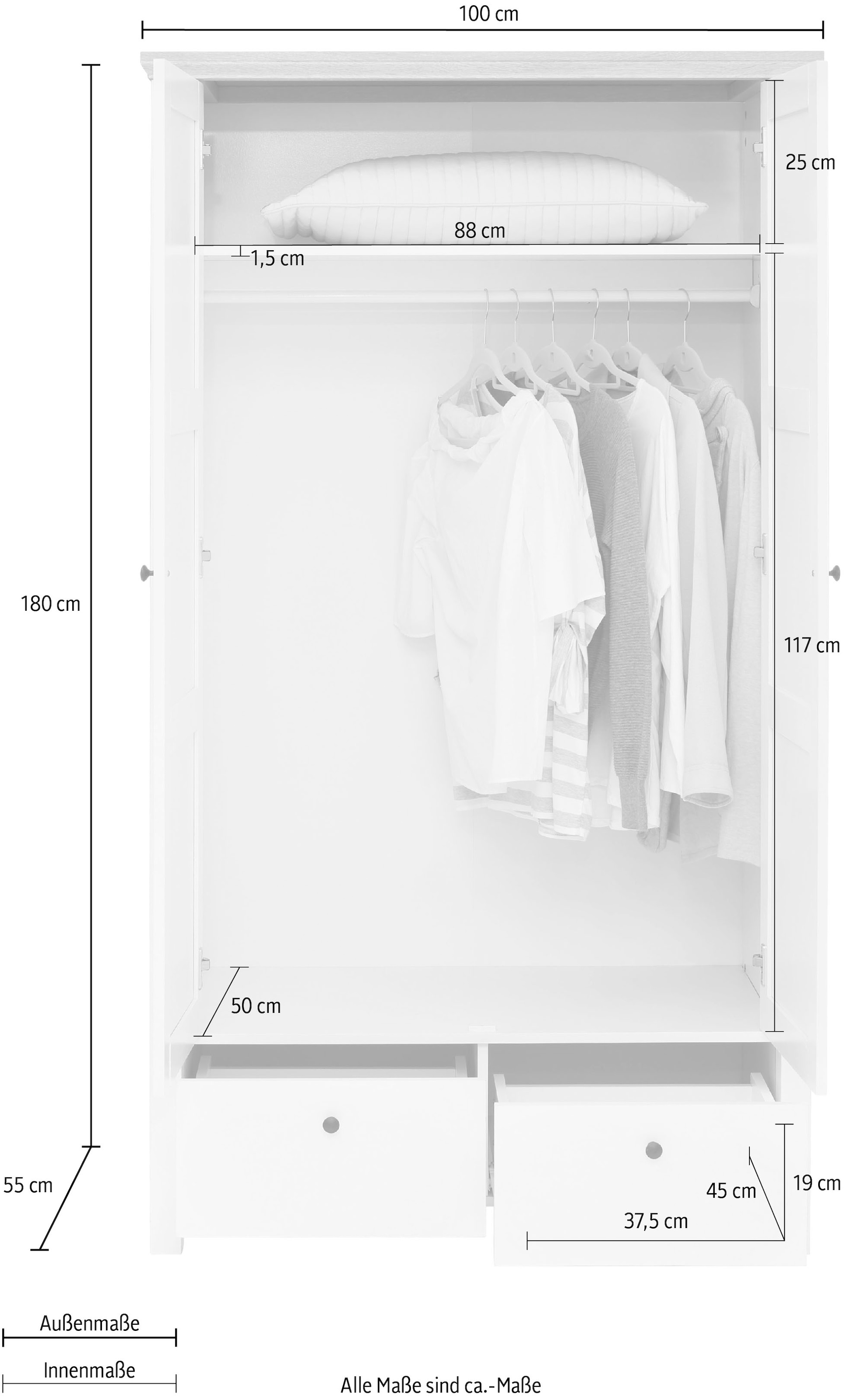 Home affaire Kleiderschrank mit auf 180 2 cm »Margaret«, Schubkasten, versandkostenfrei Kleiderstange, Höhe und Einlegeboden