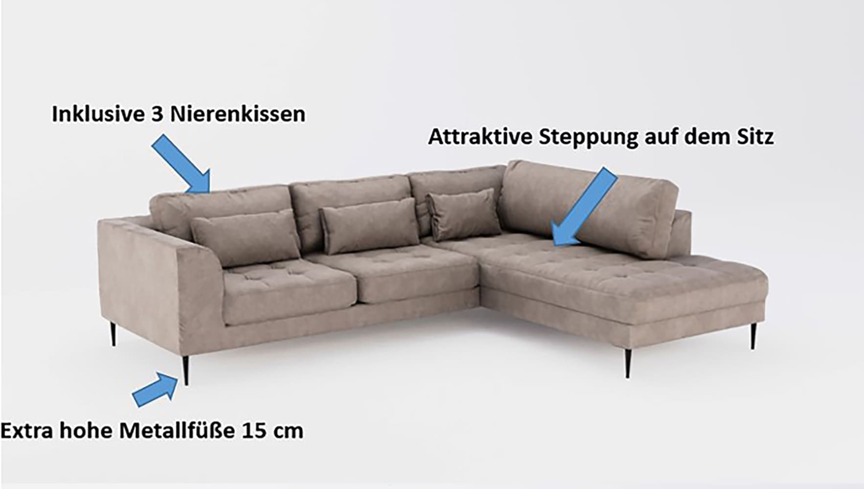 TRENDMANUFAKTUR Ecksofa »Luzi, wahlweise mit Schlaffunktion und Bettkasten, gemütlich, L-Form« Designsofa mit Ottomane, Metallfüsse schwarz, Breite 264 cm