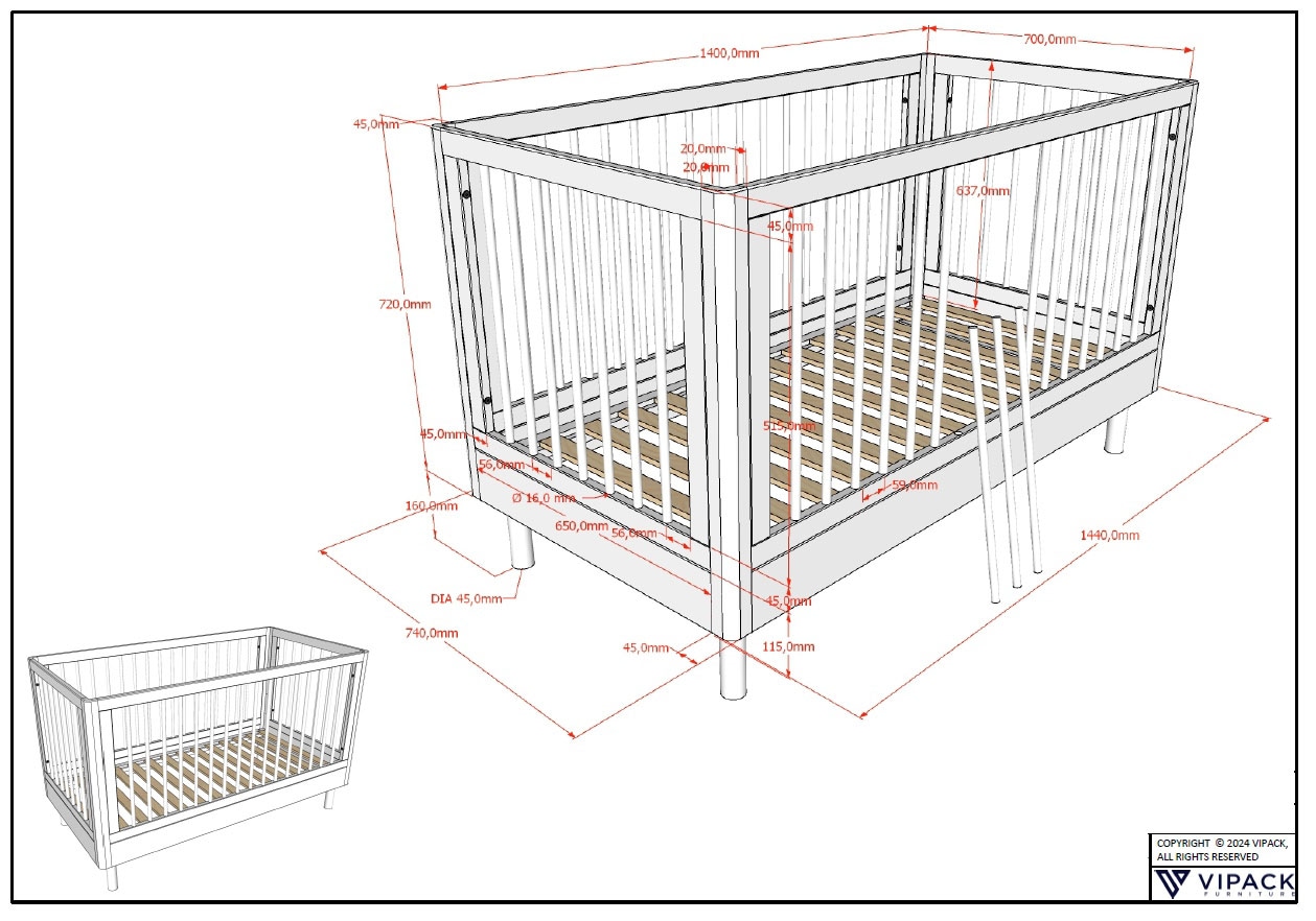 Vipack Lit bébé »Forrest, aus massiver Buche weiss lackiert, zeitloses Design« sommier à lattes réglable en hauteur en 3 positions, très stable