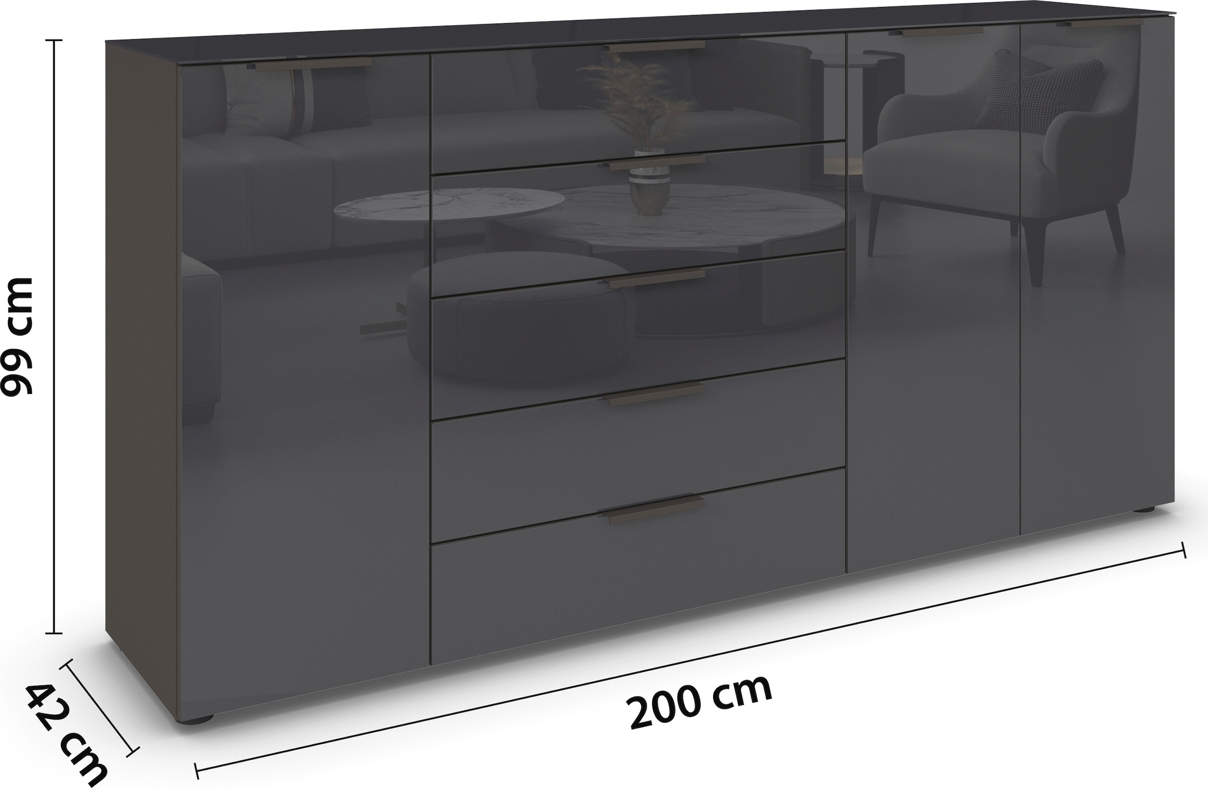 rauch Commode combinée »Kommode Türkommode Sideboard Kombikommode FLIPP mit Glasfront« Largeur 200 cm avec 4 étagères,  3 portes, 5 tiroirs, fonction soft-close, dessus et façade en verre