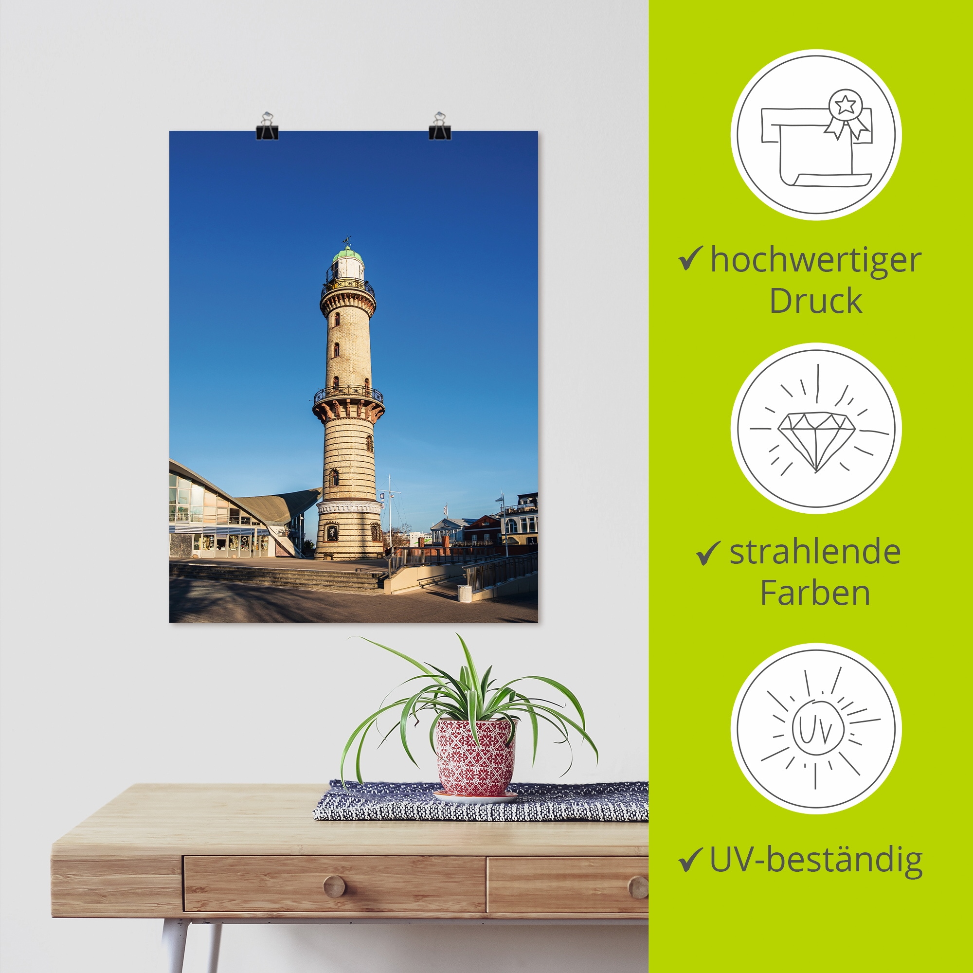 Artland Poster »Leuchtturm mit Teepott in Warnemünde II«, Gebäude, (1 St.), als Alubild, Leinwandbild, Wandaufkleber oder Poster in versch. Grössen
