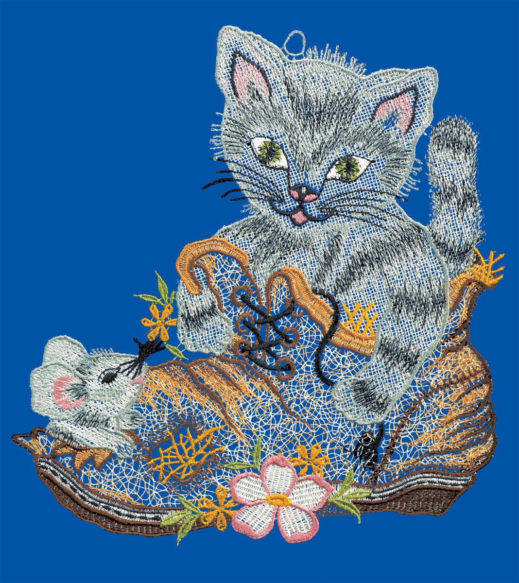 W. Reuter & Sohn - Plauener Spitze® Fensterbild »Fensterbild "Katze im Schuh" farbig«