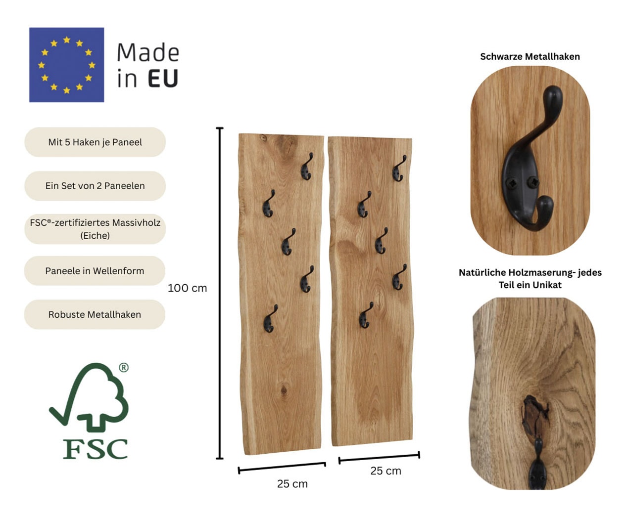 Home affaire Garderobenpaneel »Brodi« Masse pro Paneel (B/T/H): 25/2/100 cm,  aus massiver Eiche in Wellenform, 2er-Set mit je 5 Metallhaken