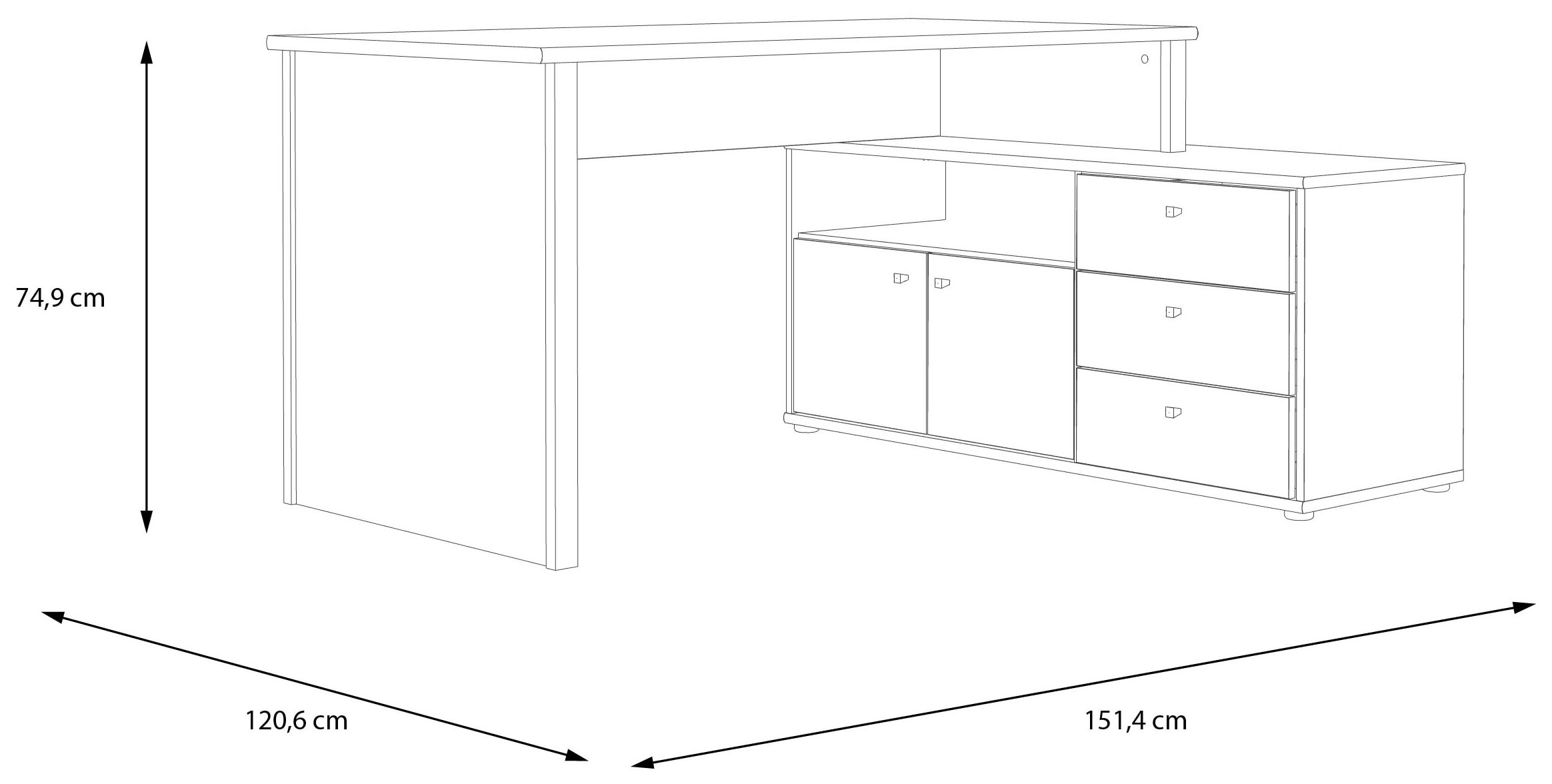 FORTE Eckschreibtisch »Tempra« viel Stauraum, Breite 151 cm