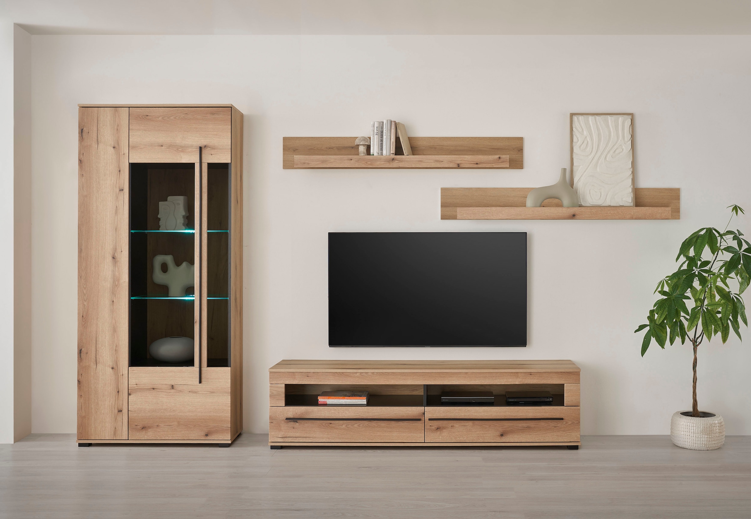 INOSIGN Wohnwand »Cantara, moderne Anbauwand, Wohnzimmer-Set, in Eiche Evoke oder Weiss«, (Set), enthält eine Vitrine, ein Lowboard und zwei Wandboards