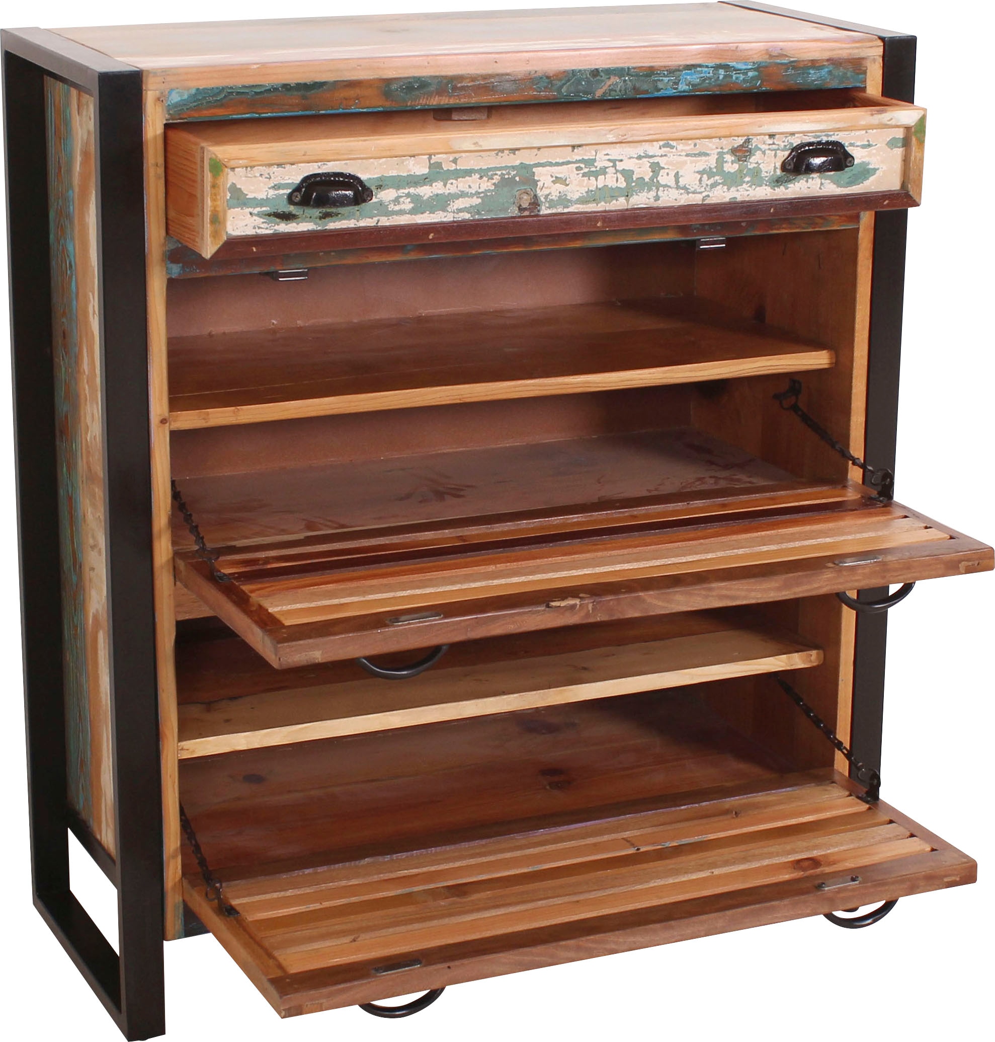 SIT Armoire à chaussures »Ribeira aus Altholz – Lamellenfront – 2 Klappen & Schublade« Pour environ 12 paires de chaussures avec façade à lamelles colorées et cadre métallique