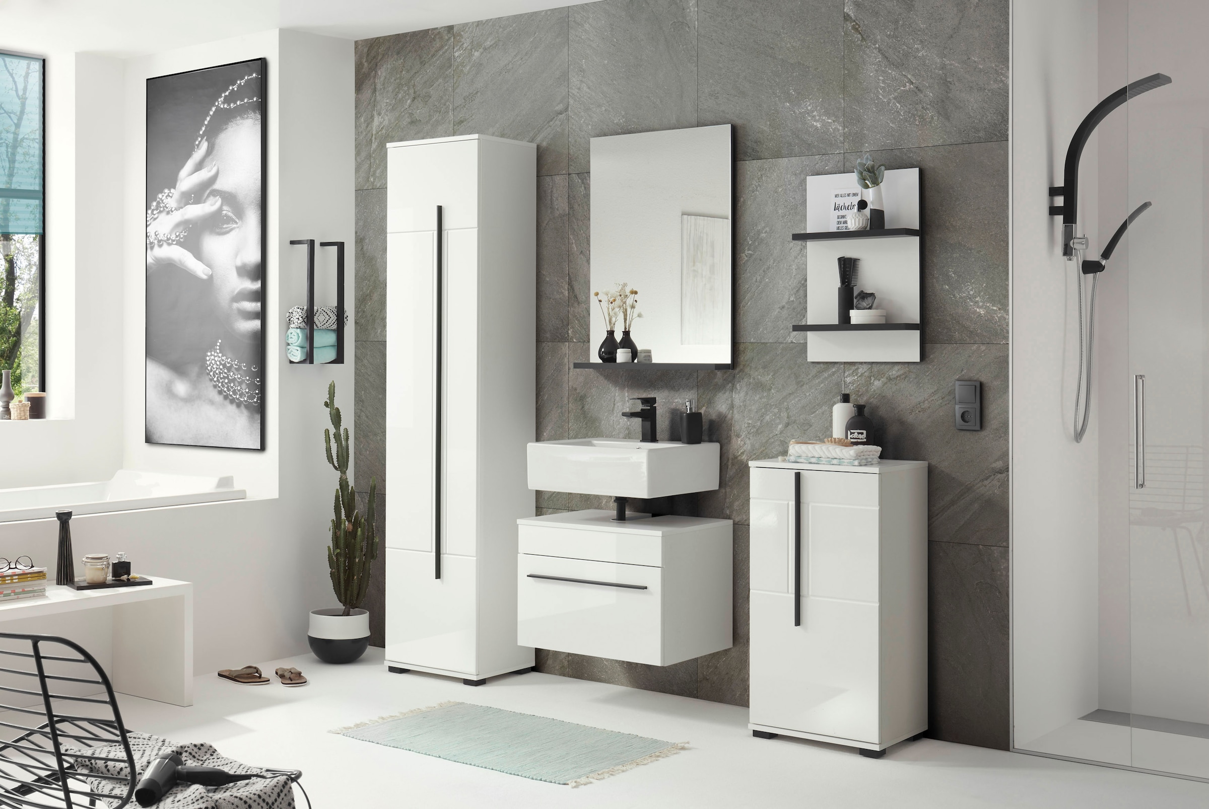 INOSIGN Badmöbel-Set »Cantara, Bad im modernen Design, 5-teiliges Badezimmer«, (Set, 5 St.), Unterschrank, Schränke, Hängeregal und Spiegel, in Weiss Hochglanz