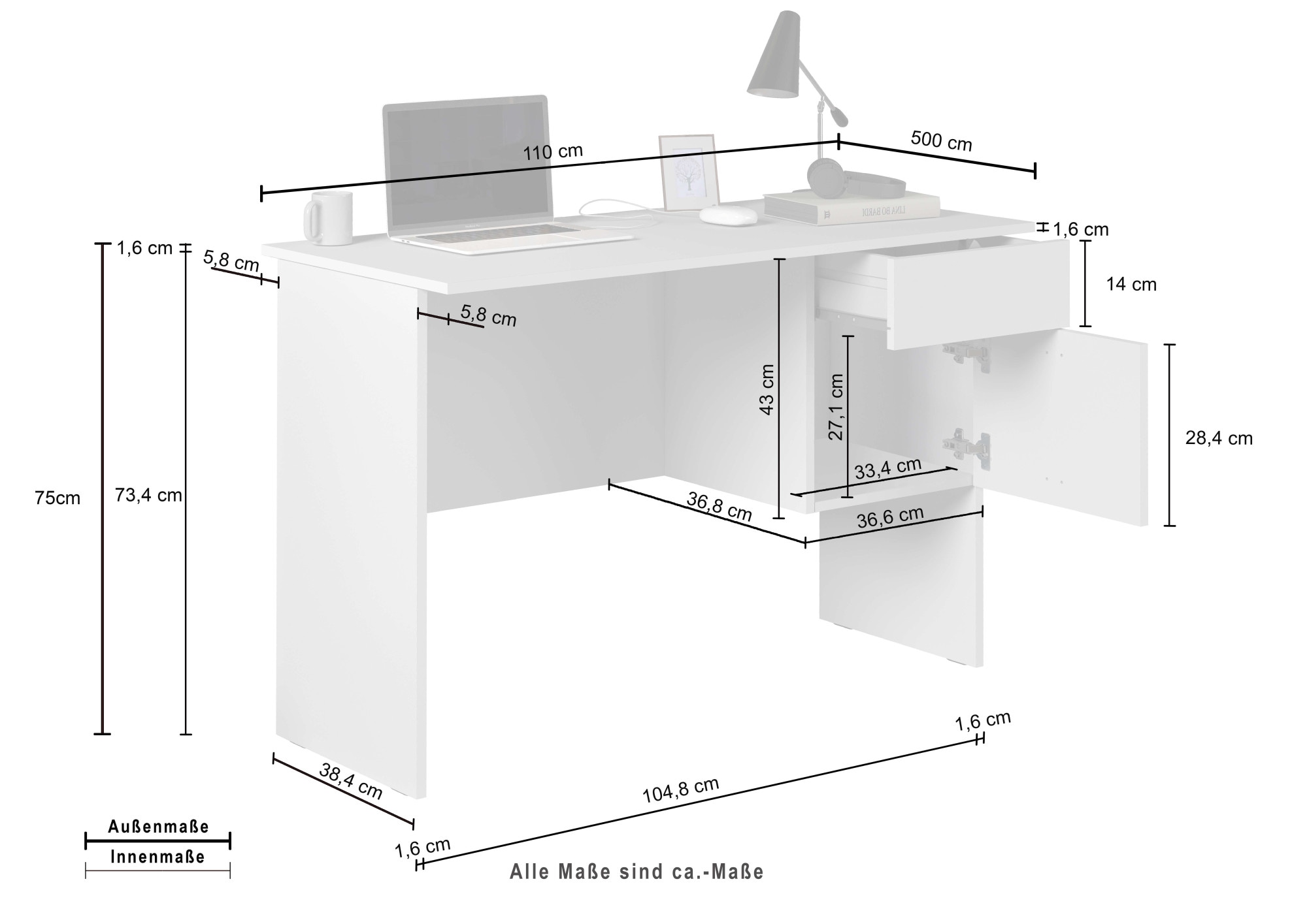 Home affaire Schreibtisch »Sunrise, kleiner Computertisch, Bürotisch« mit 1 Tür & 1 Schublade, Tischplatte Breite 110 cm, Made in Italy