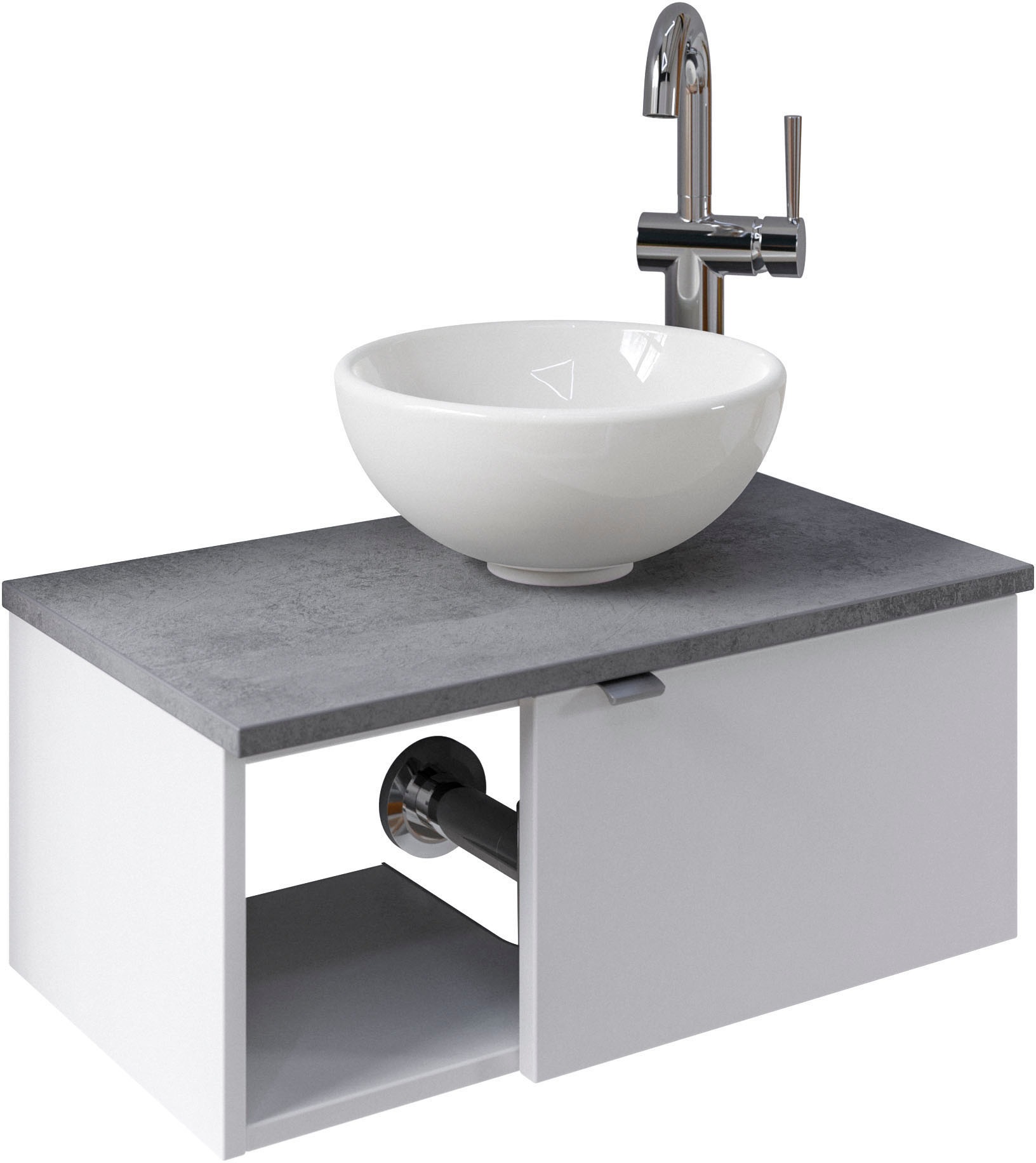 Saphir Waschtisch "Serie 6915 Waschschale mit Unterschrank für Gästebad, Gäste WC" Keramik-Aufsatzbecken, Waschtischplatte, Waschtischunterschrank, 3 Stk. tlg. 61 cm breit, 1 Tür, offenes Fach, kleine Bäder, ohne Armatur