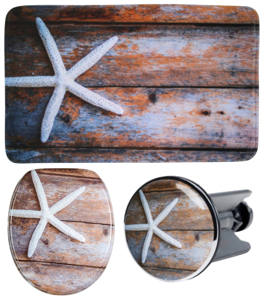 Image of Sanilo Badaccessoire-Set "Bahia" bestehend aus WC-Sitz, Badteppich und Waschbeckenstöpsel