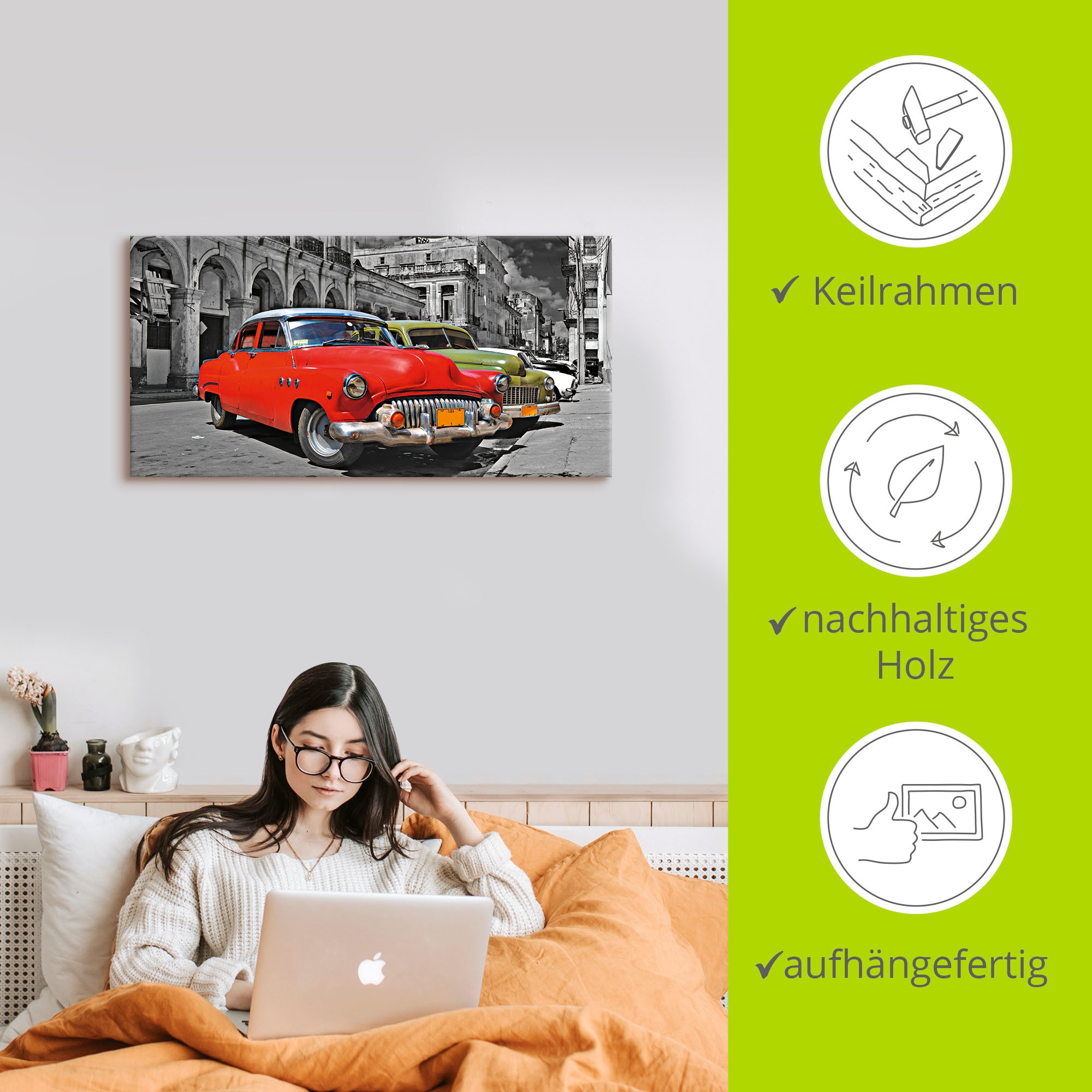 Artland Wandbild »Ansicht von bunten Havanna Autos«, Auto, (1 St.), als Alubild, Outdoorbild, Leinwandbild, Wandaufkleber, versch. Grössen