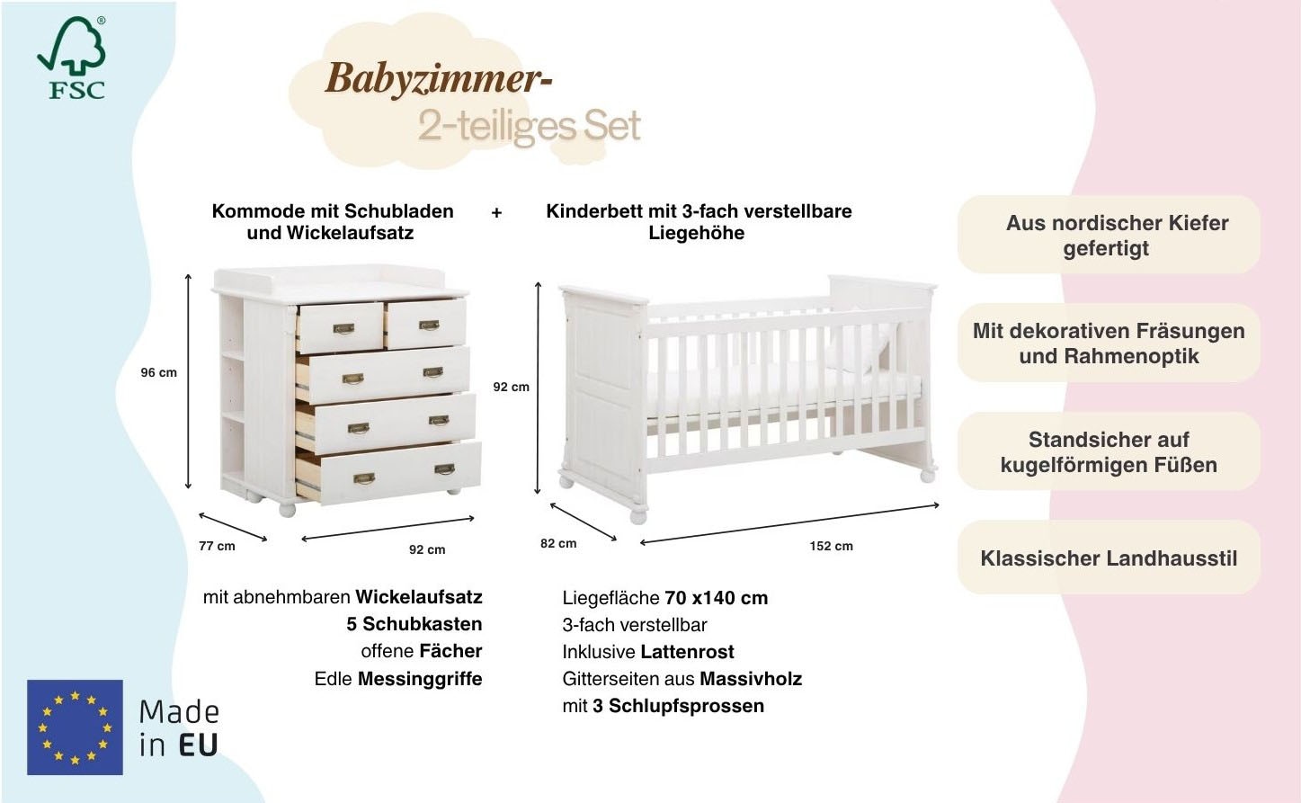 Lüttenhütt Babyzimmer-Komplettset »Aimo, luxoriöser Landhausstil, Messinggriffe,« Spar-Set, Kinderbett, Wickelkommode, Unterbauregal, 5 Schubladen, 3 Stk. tlg. aus Massivholz; FSC®-Holz aus gewissenhaft bewirtschafteten Wäldern