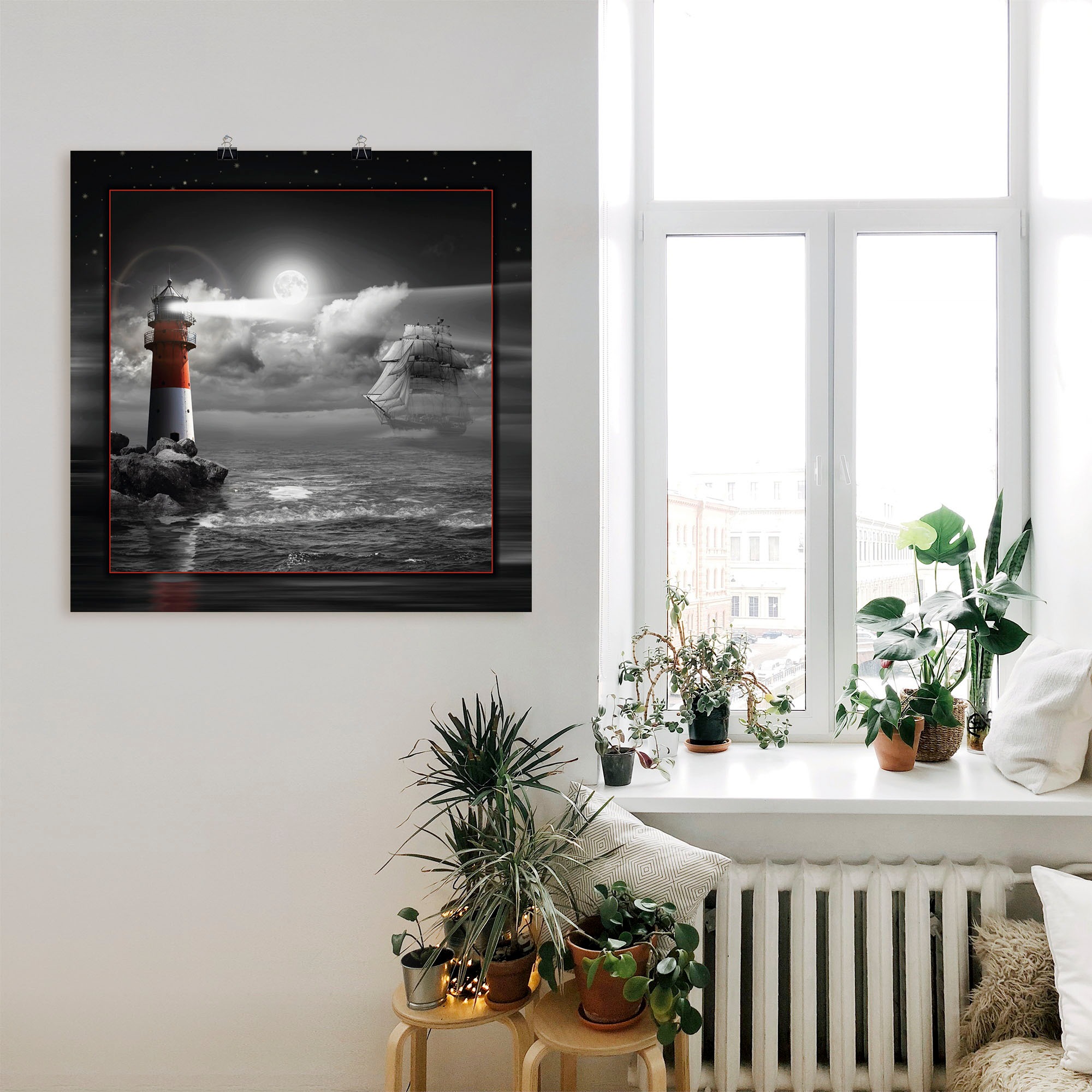 Artland Wandbild »Leuchtturm und Segelschiff im Mondschein«, Küste, (1 St.), als Leinwandbild, Poster, Wandaufkleber in verschied. Grössen